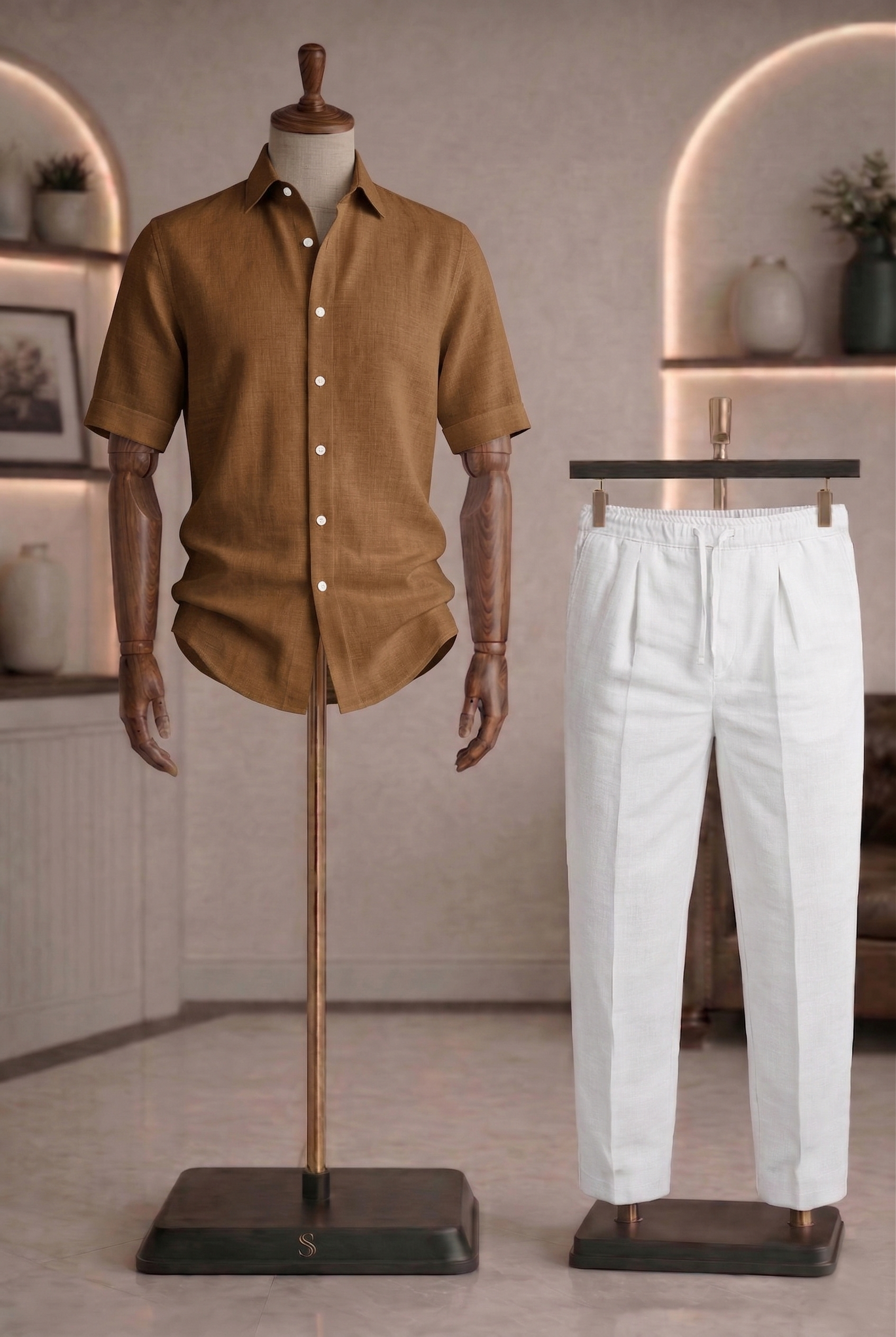 Half Sleeve Linen Pair For Men | Brown Linen Shirt with White Linen Pant