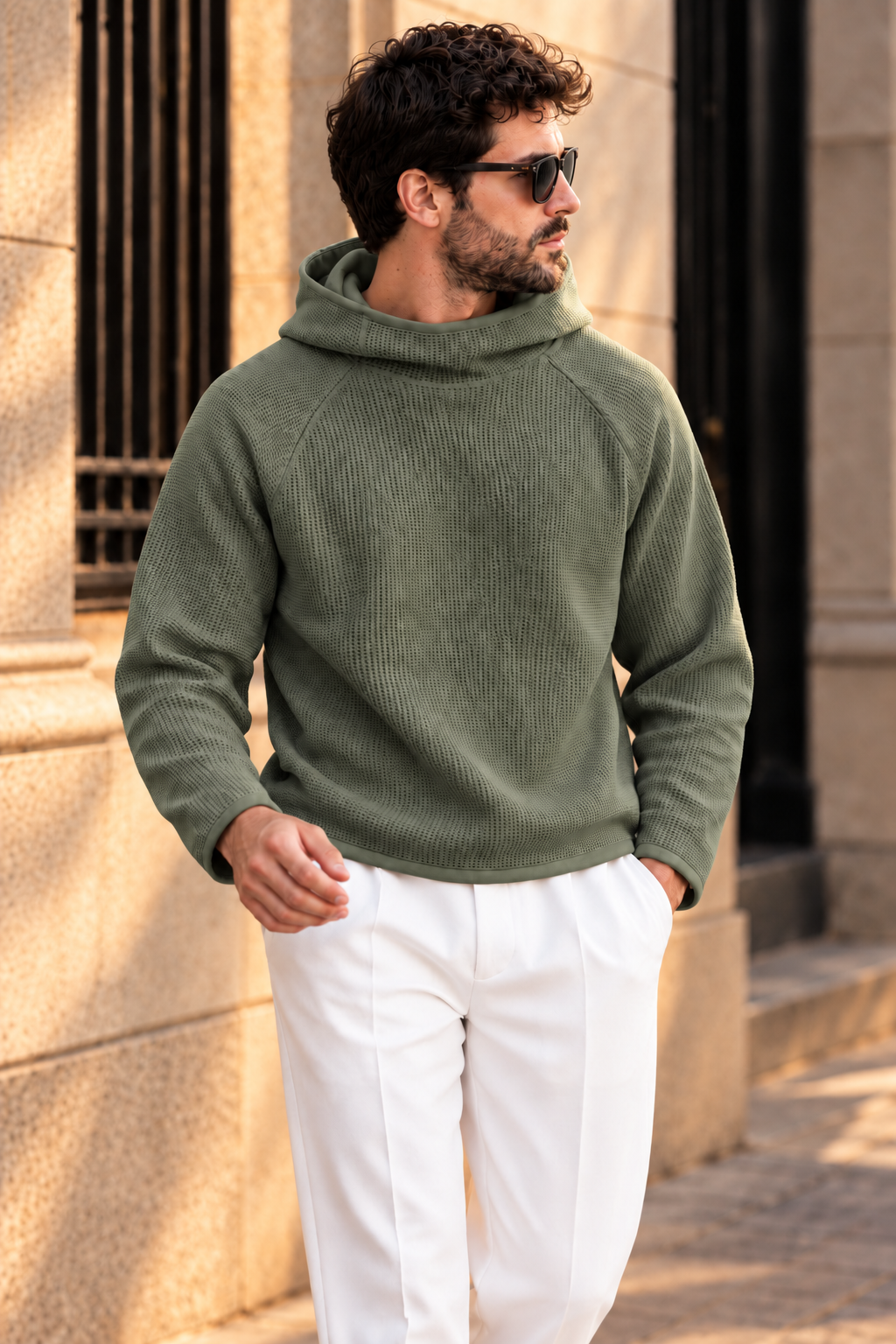 Men’s Green Waffle Knit Hoodie | Cowl Neck Pullover