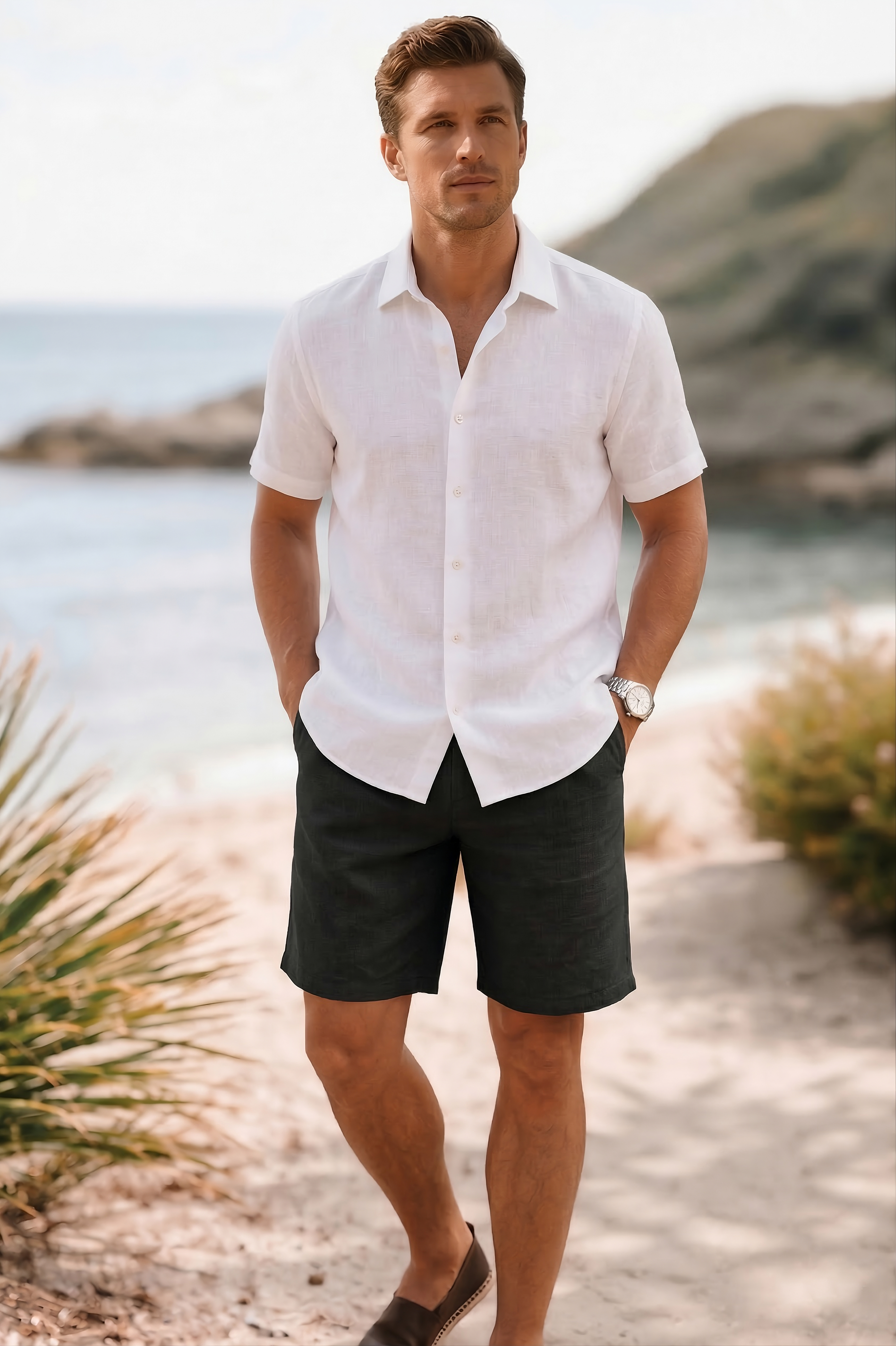 Man wearing a white shirt and black shorts by French Cuff standing on a beach with ocean and mountains in the background.