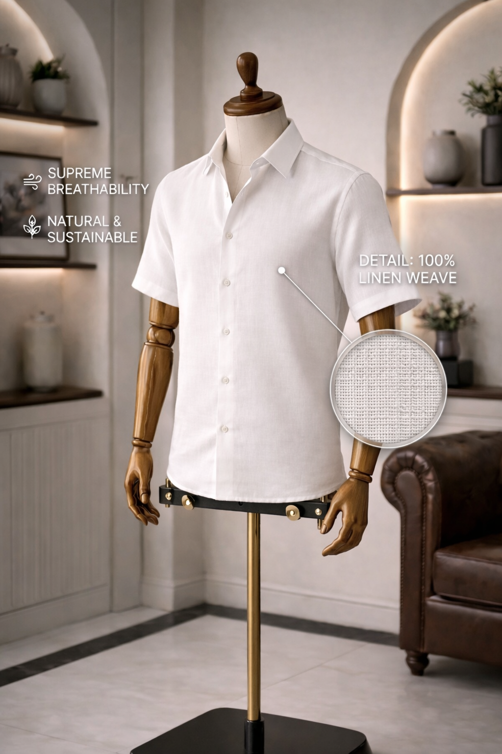 White shirt on a mannequin By French Cuff. with text about breathability and sustainability in a home setting.