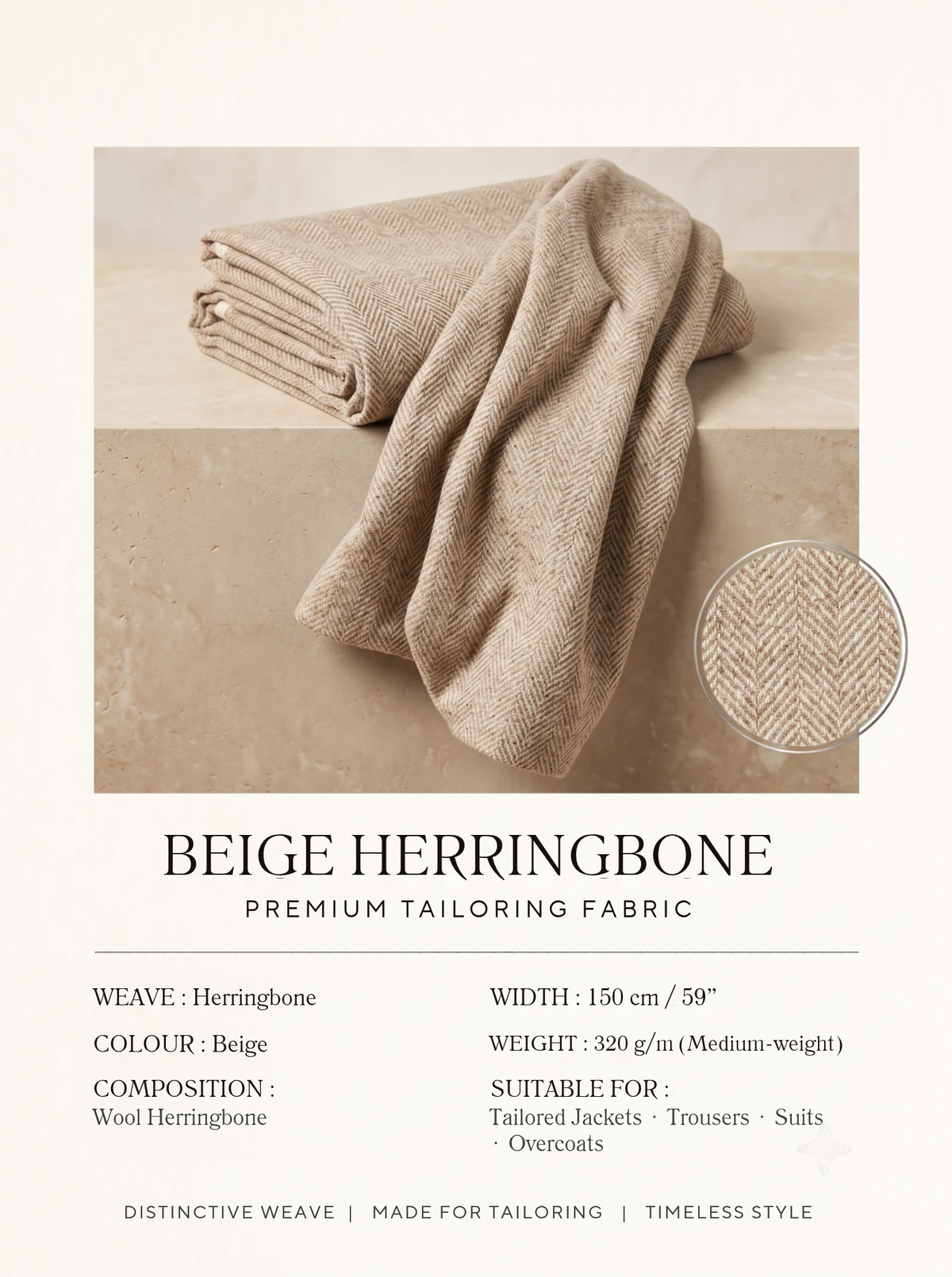 Luxury Beige Herringbone Fabric | Premium Formal Wear Fabric