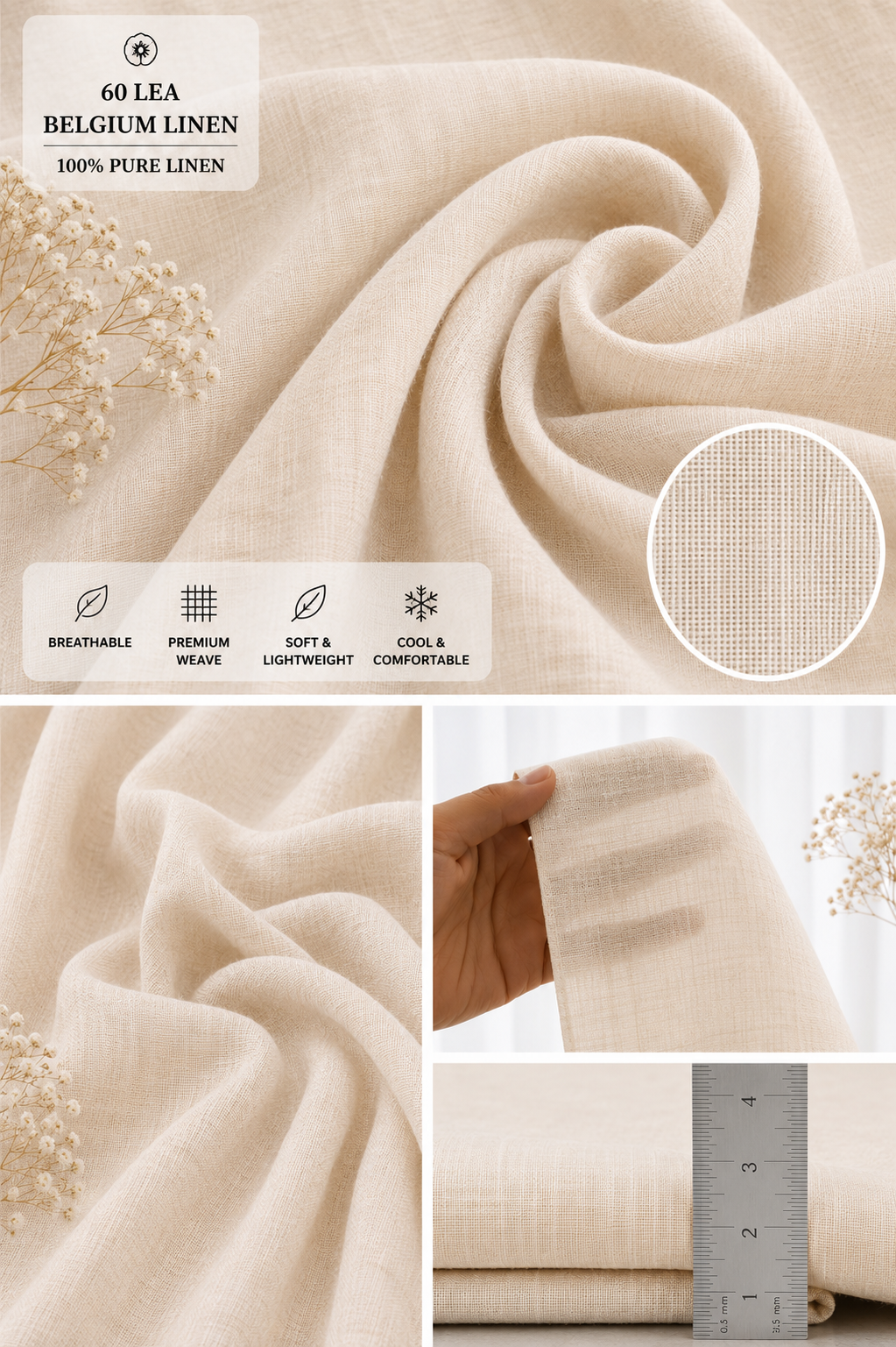 French Cuff 100% Belgium Linen Beige Fabric