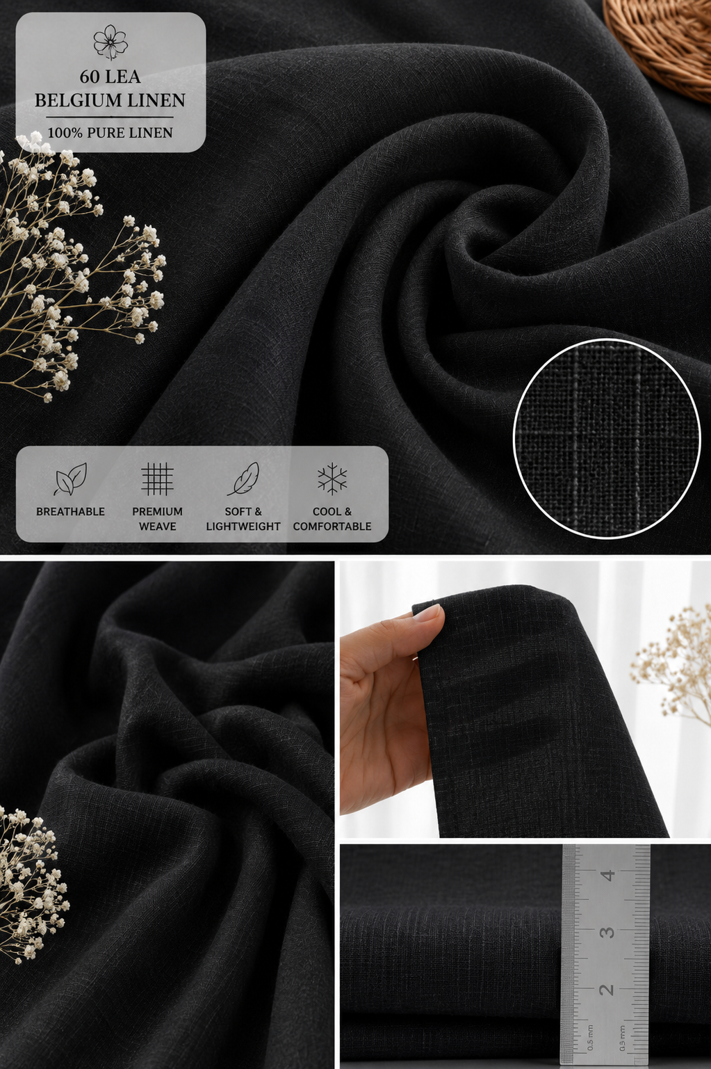 French Cuff 100% Belgium Linen Black Fabric.