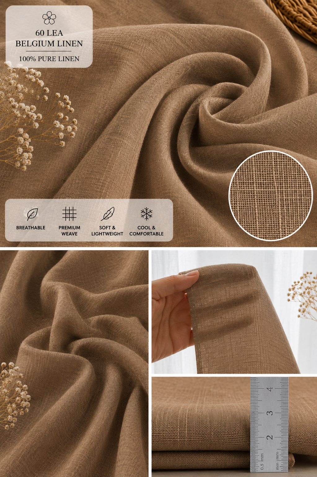 French Cuff 100% Belgium Linen Brown Fabric