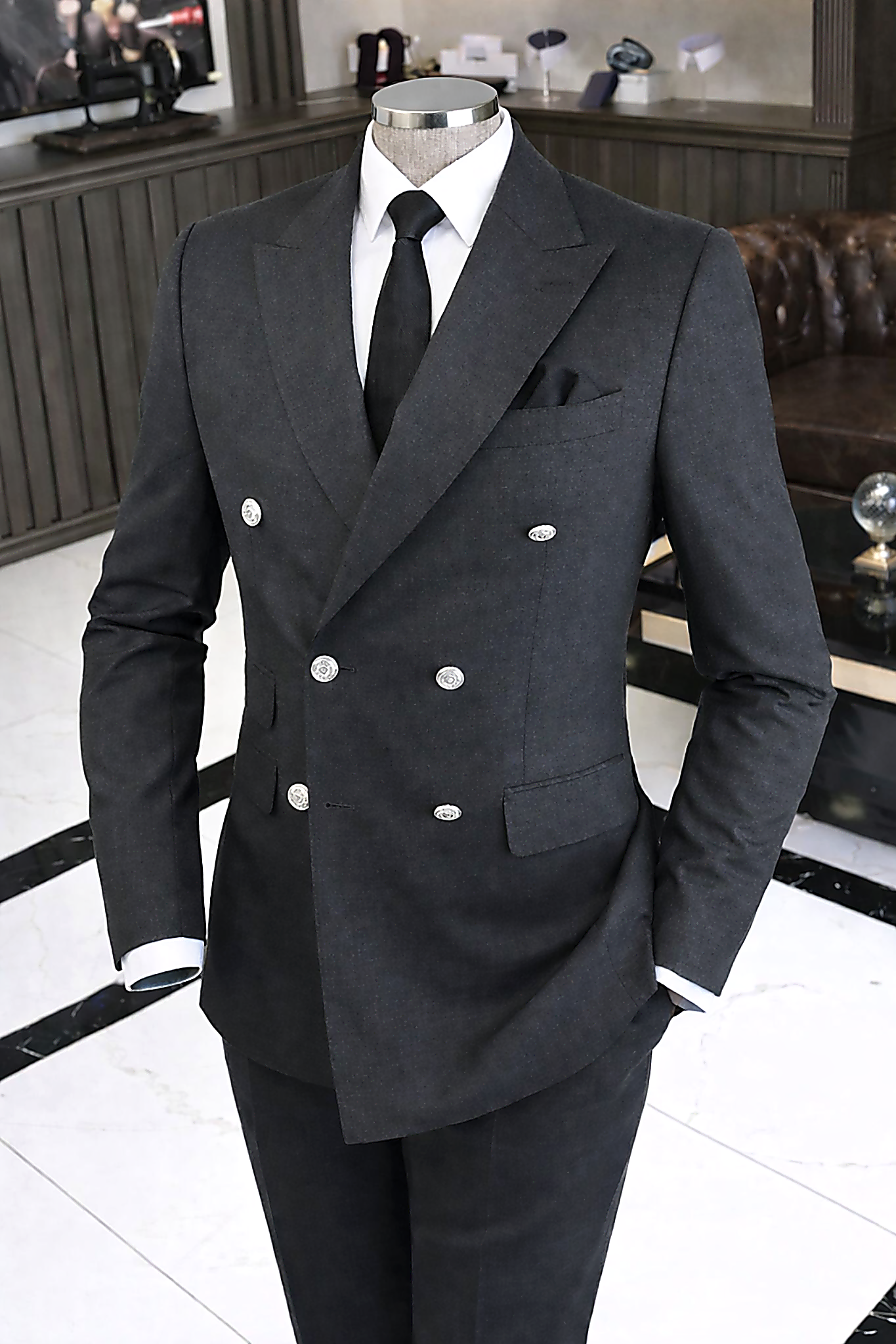 French Cuff Men's Elephant Grey Double Breasted 2-Piece Suit