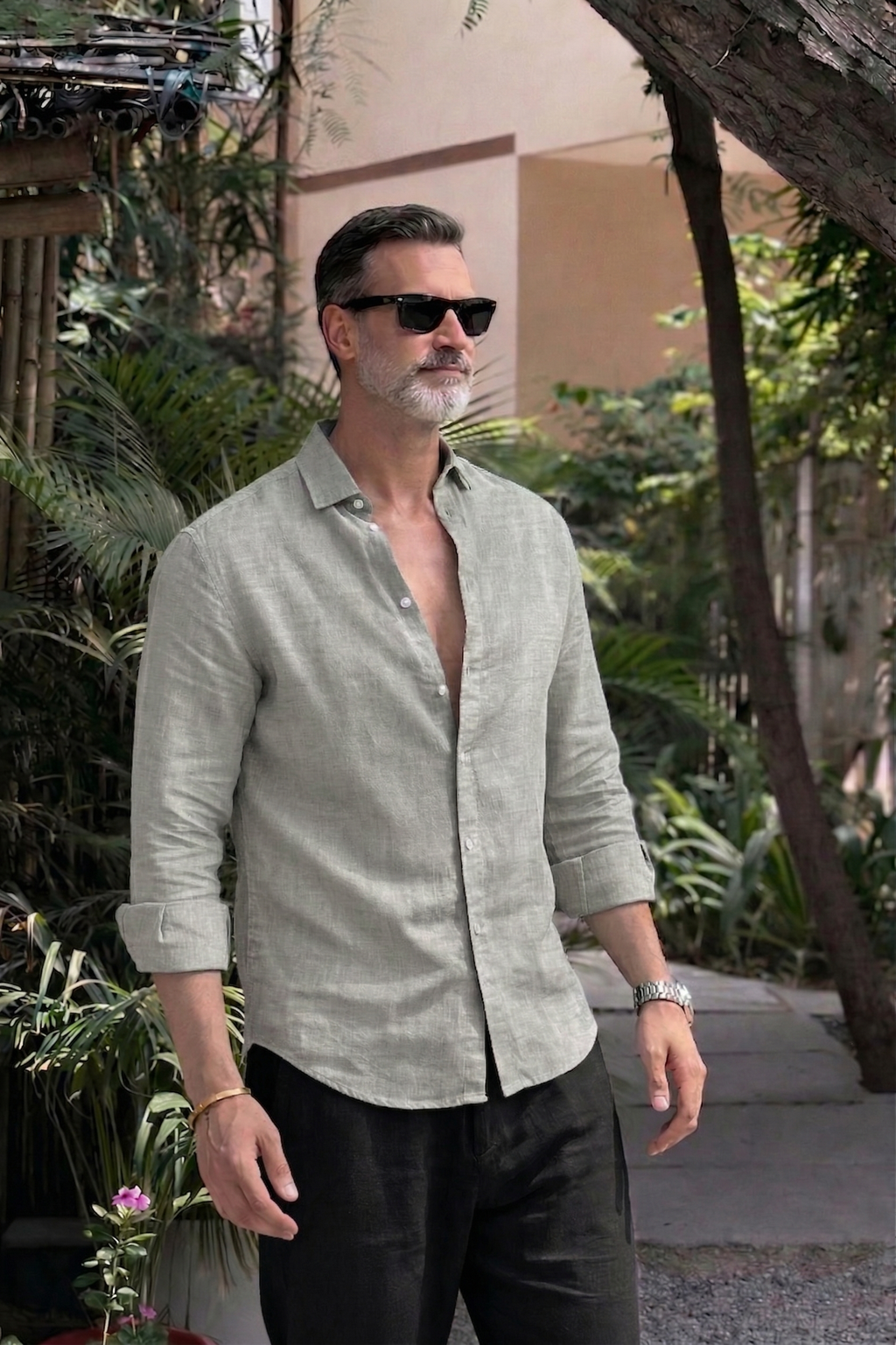 Full Sleeve Linen Pair For Men | Light Grey Linen Shirt with Black Linen Pant