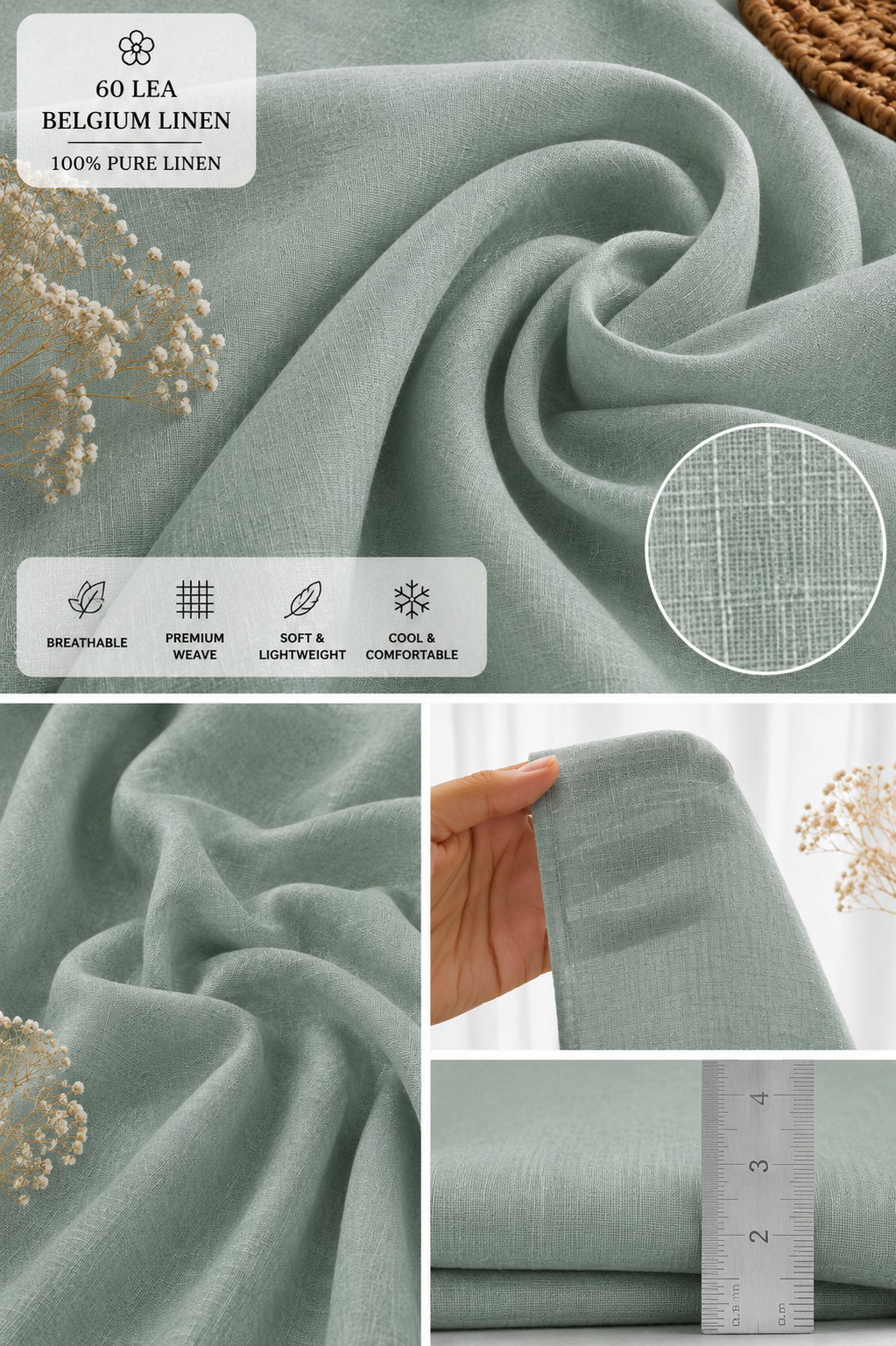 French Cuff 100% Belgium Linen Green Fabric.