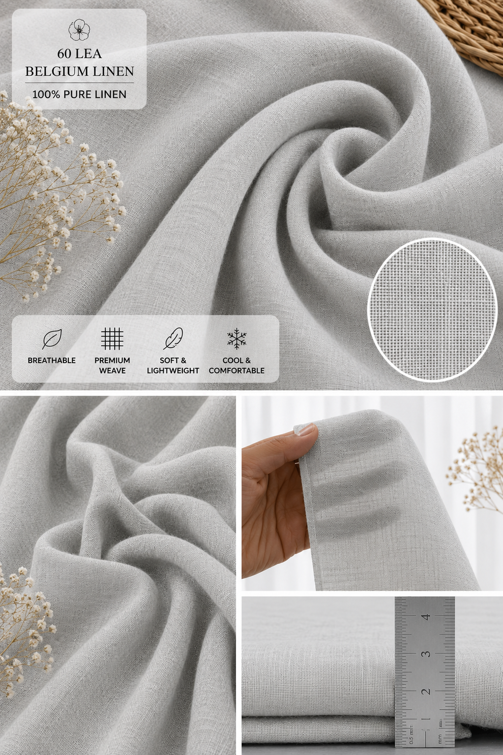 French Cuff 100% Belgium Linen Light Grey Fabric.