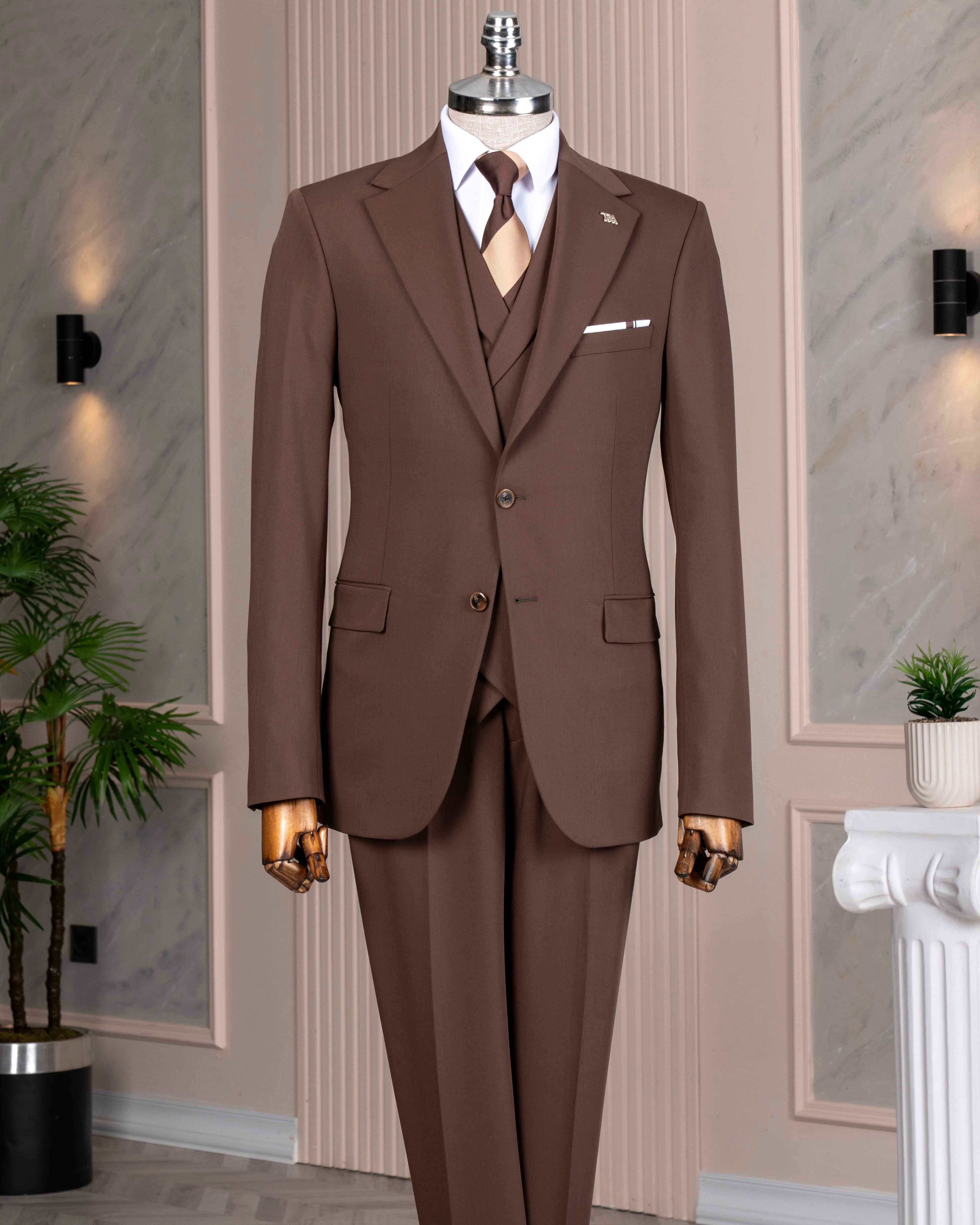 French Cuff Men's Brown Double Buttoned 3-Piece Suit