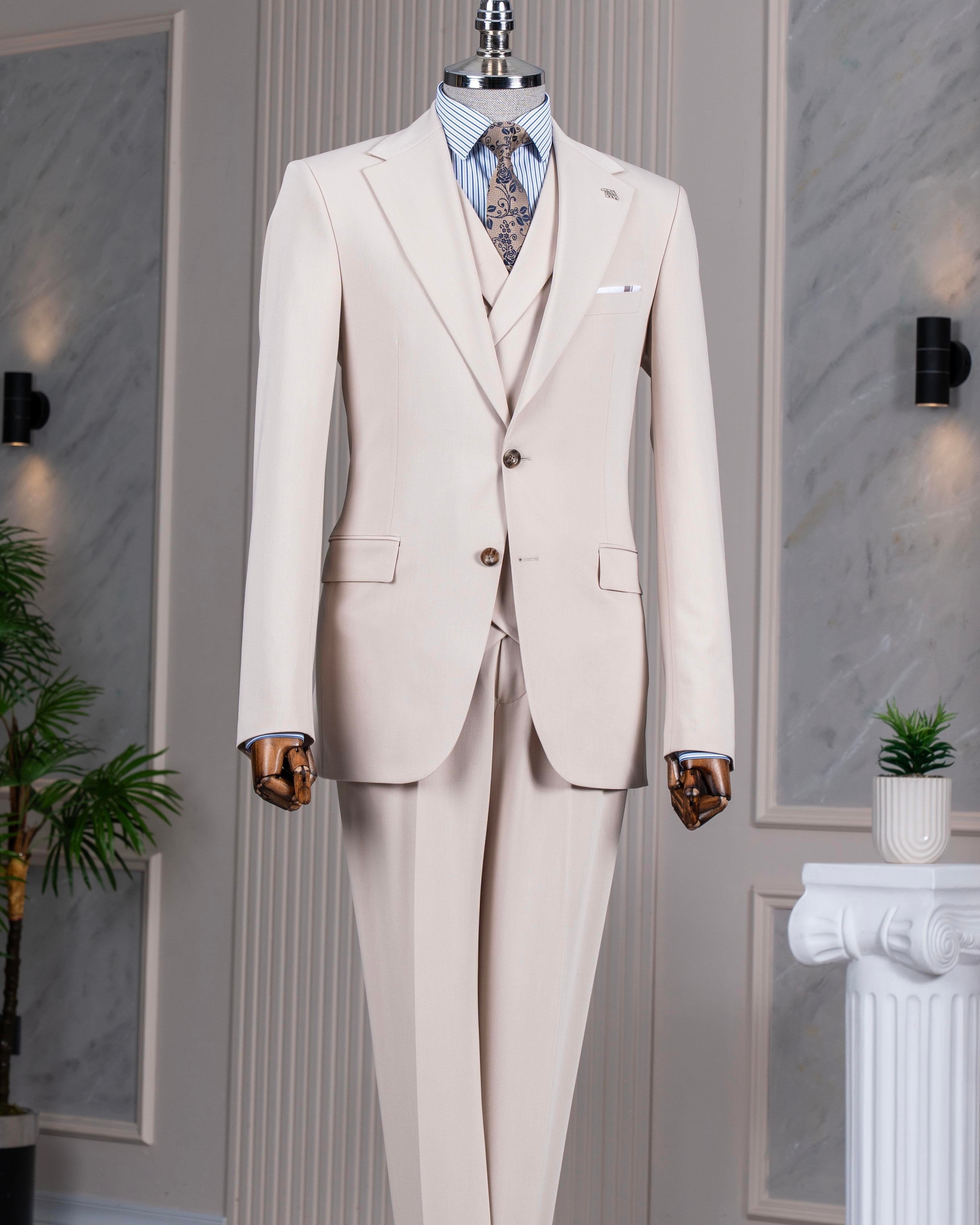French Cuff Men's Beige Double Buttoned 3-Piece Suit