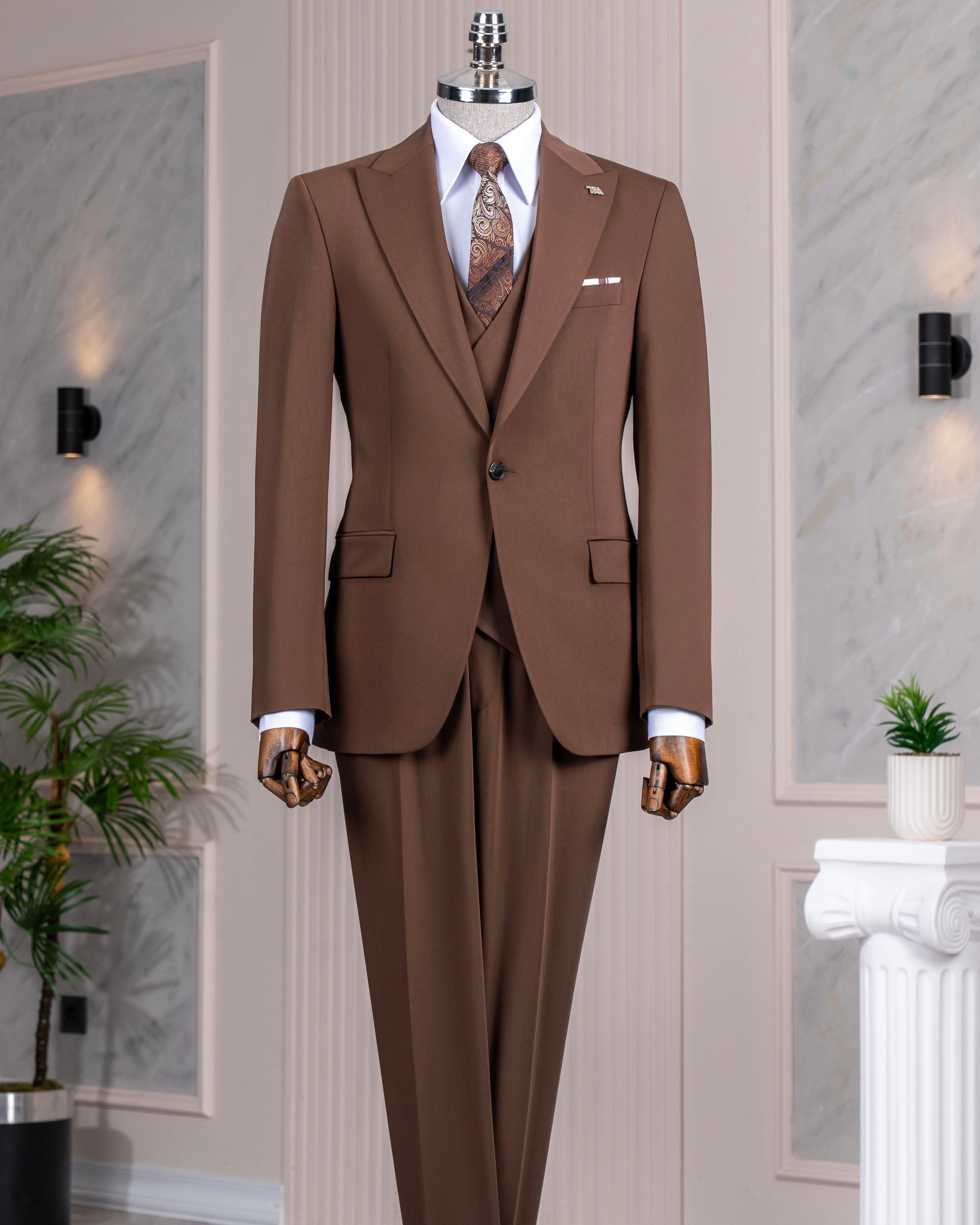 French Cuff Men's Light Brown Single Buttoned 3-Piece Suit