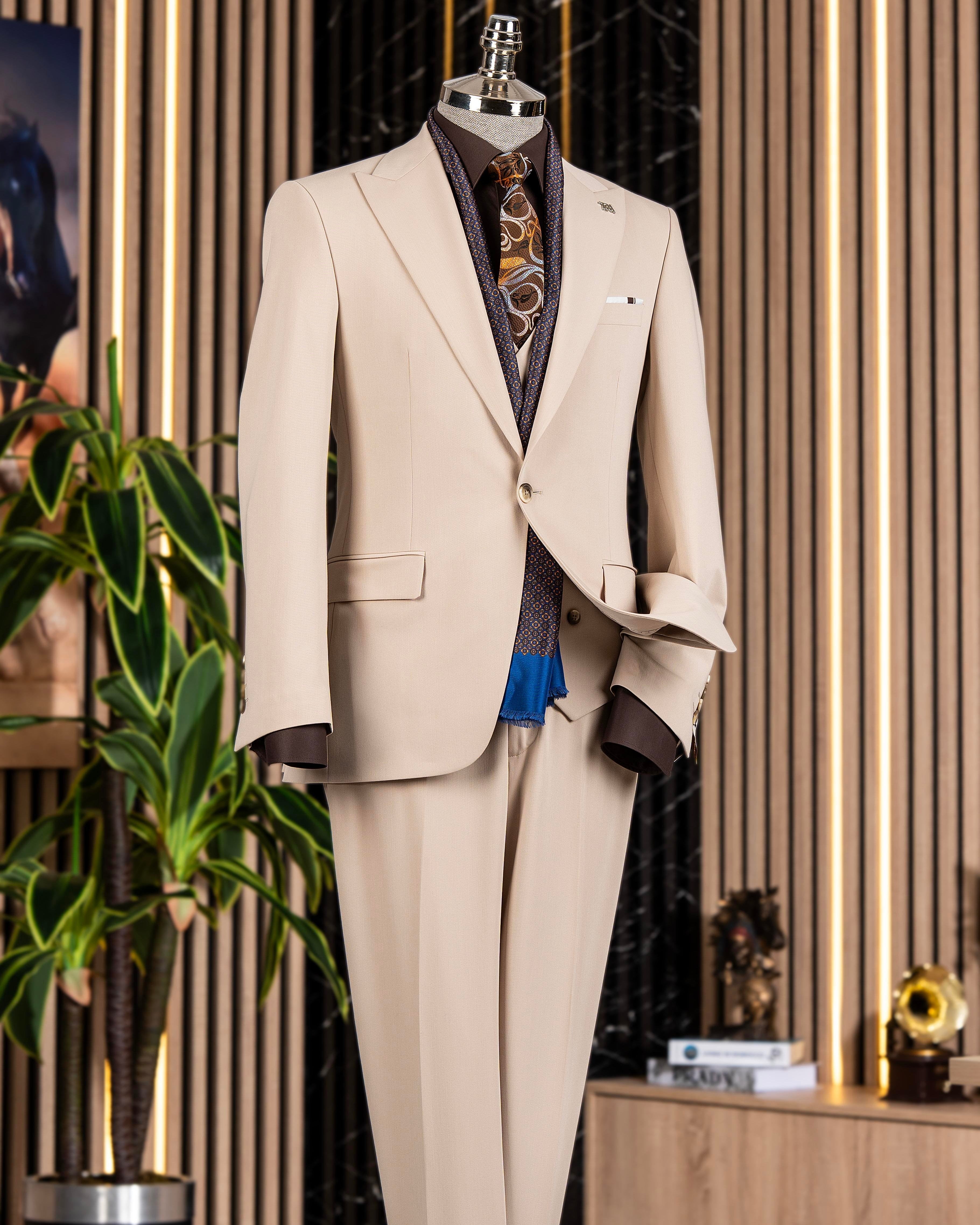 French Cuff Men's Beige Single Buttoned 3-Piece Suit