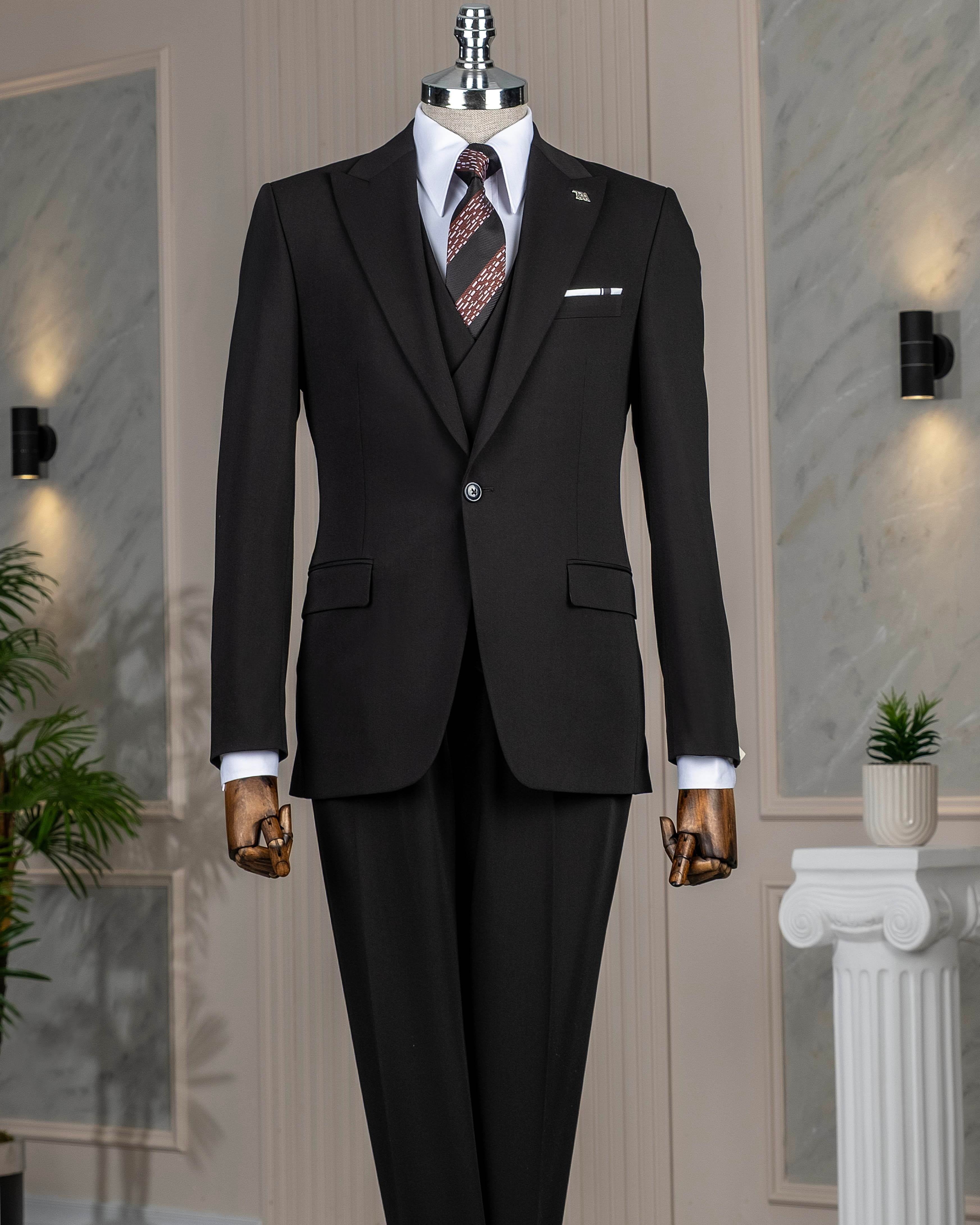 French Cuff Men's Black Single Buttoned 3-Piece Suit