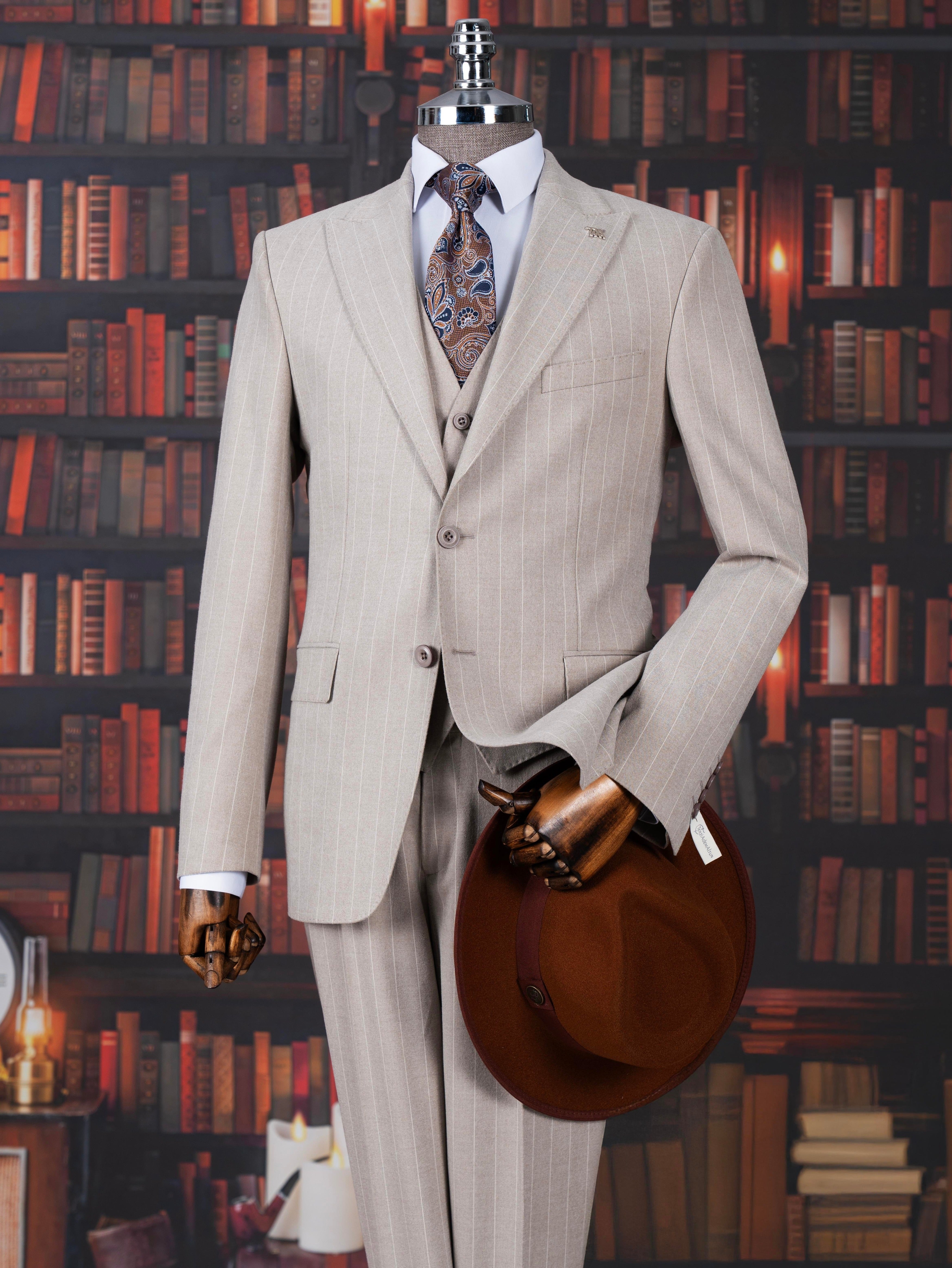 French Cuff Men's Beige Stripe Double Buttoned 3-Piece Suit