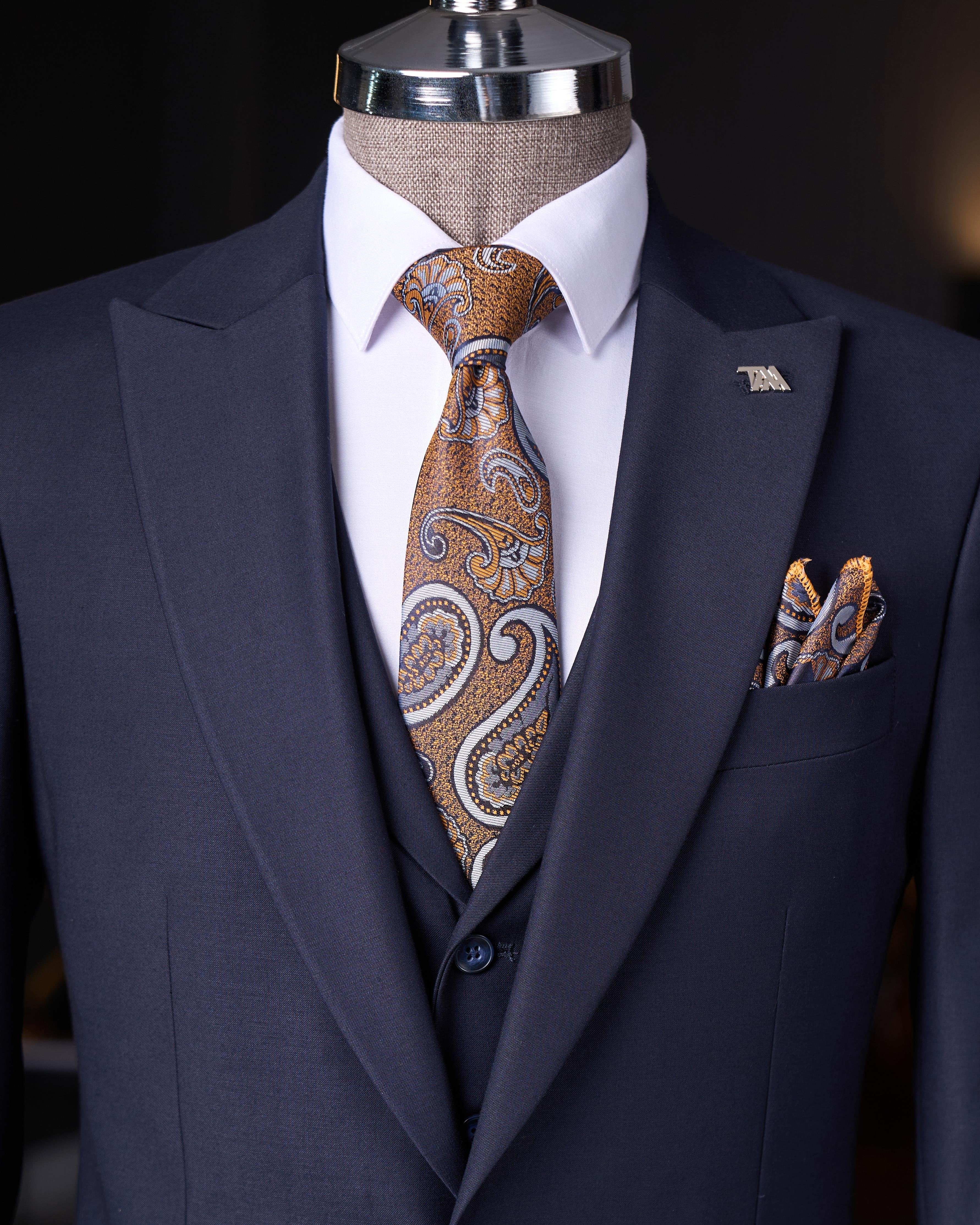 French Cuff Men's Carbon Blue Single Buttoned 3-Piece Suit