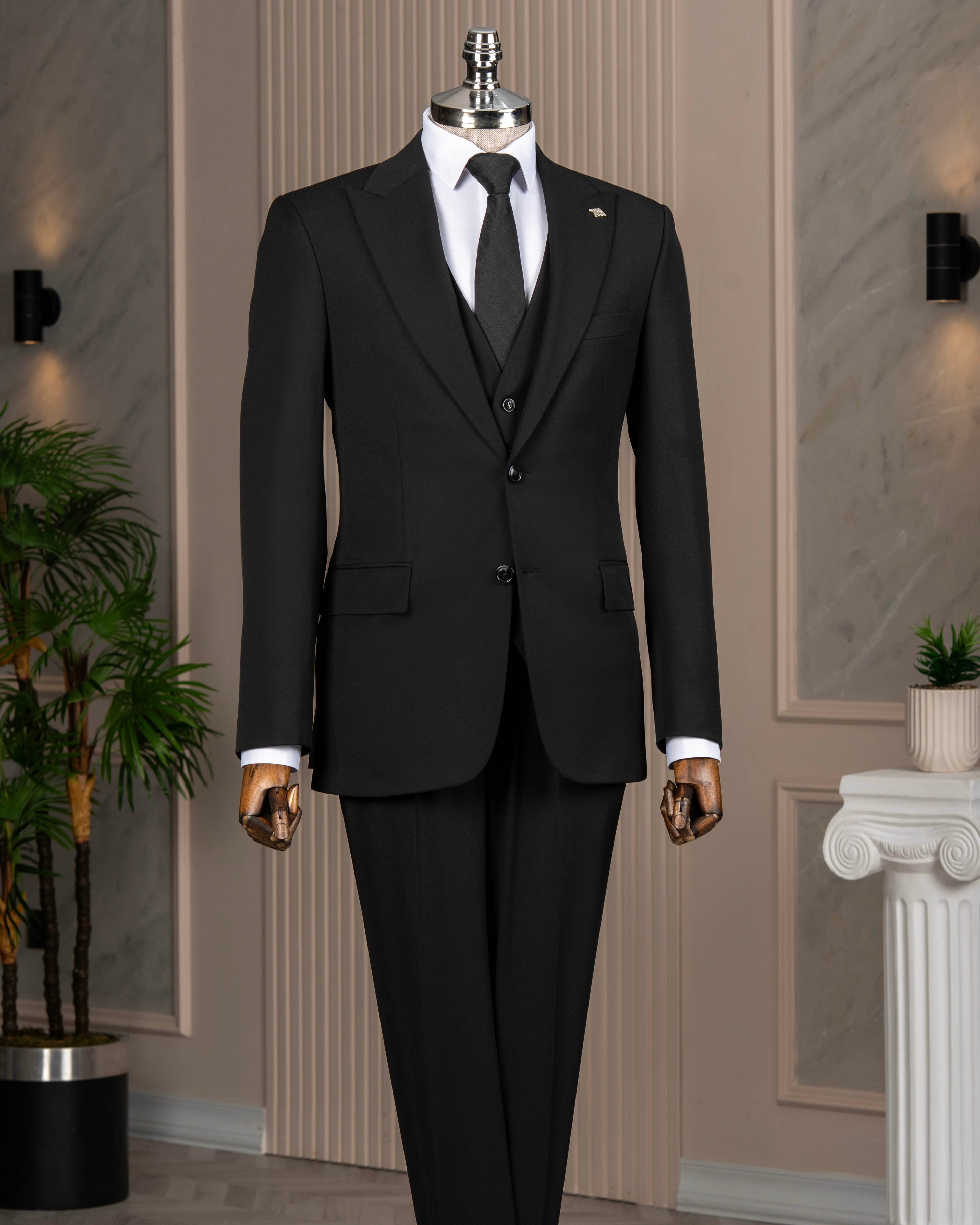 French Cuff Men's Black Double Buttoned 3-Piece Suit