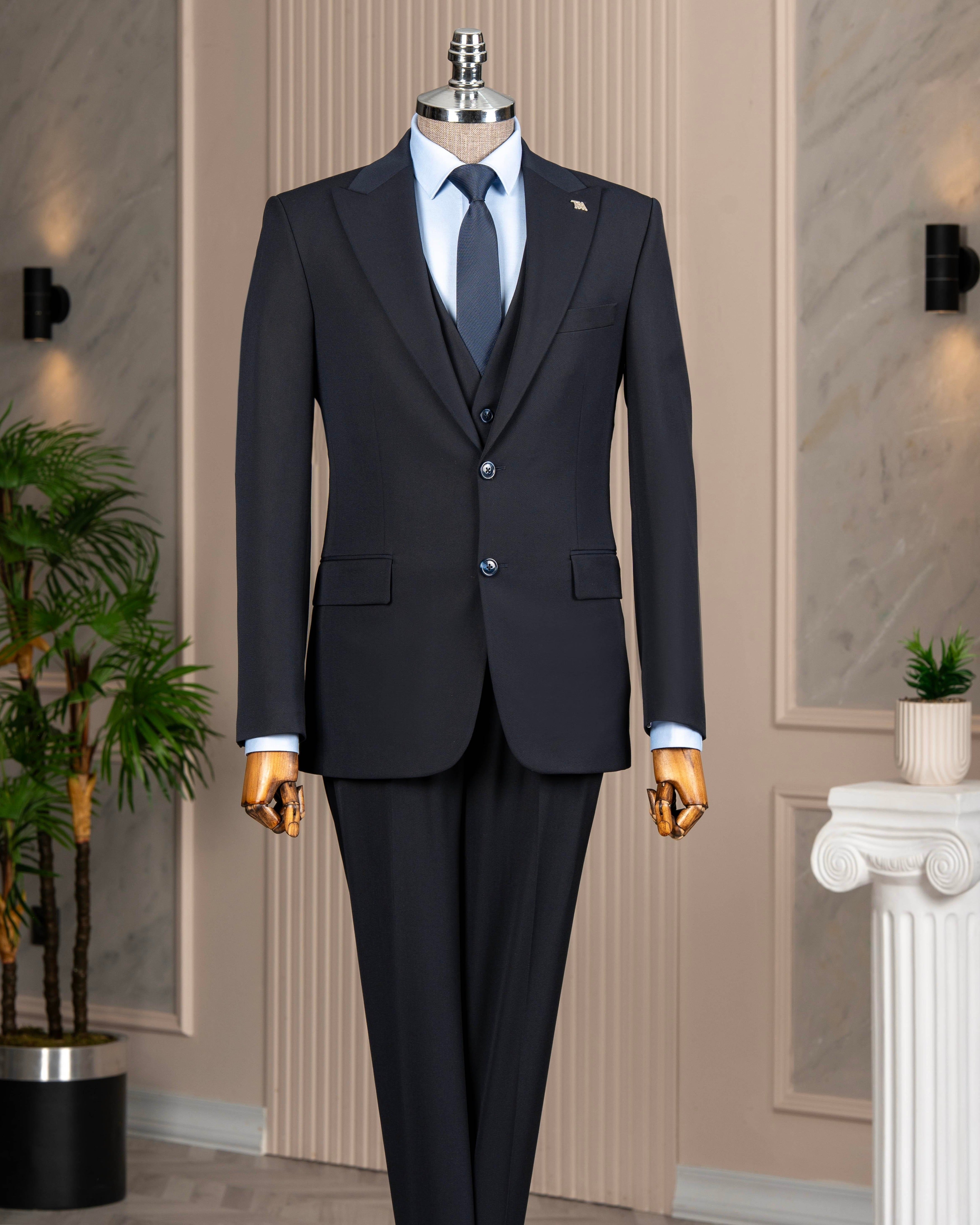 French Cuff Men’s Blue Double Buttoned 3-Piece Suit