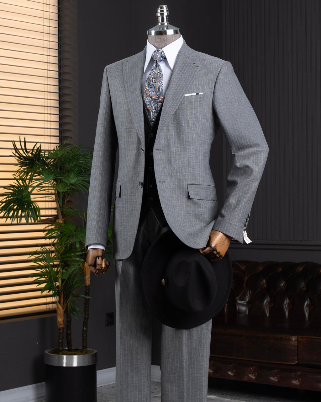 French Cuff Men's Grey Striped Double Buttoned 3-Piece Suit