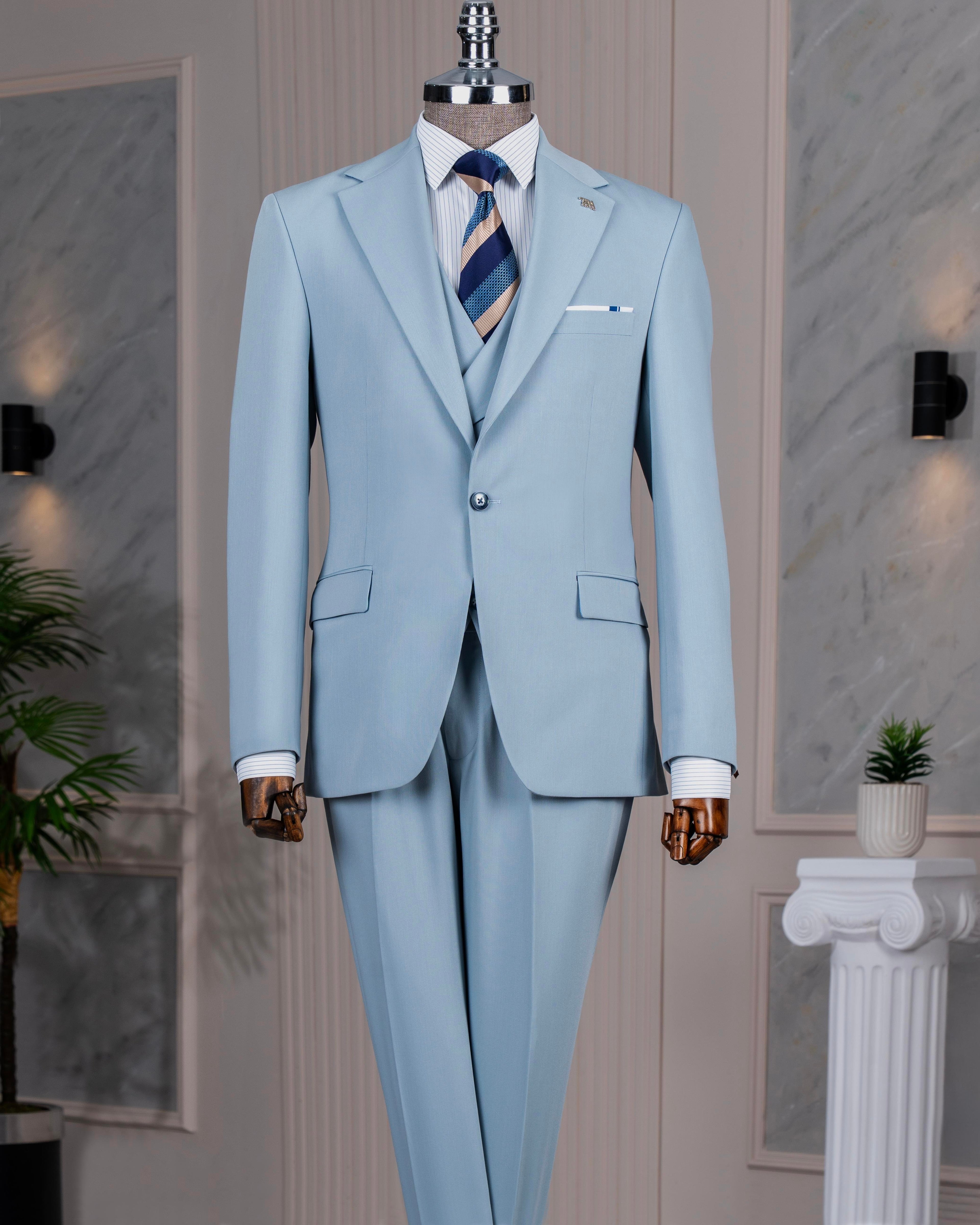 French Cuff Men's Sea Blue Single Buttoned 3-Piece Limited Edition Suit