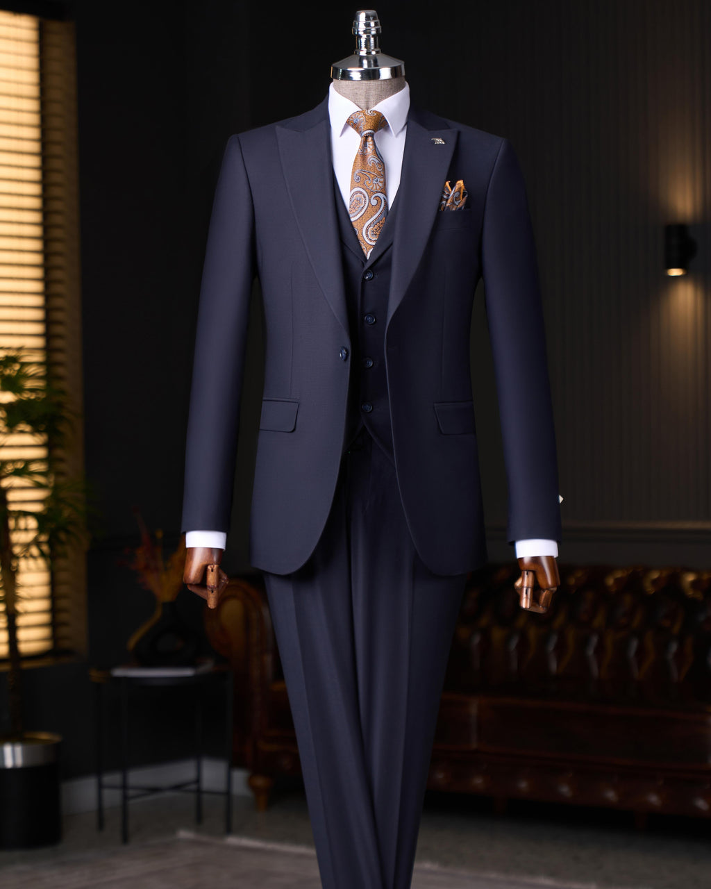 French Cuff Men's Carbon Blue Single Buttoned 3-Piece Suit