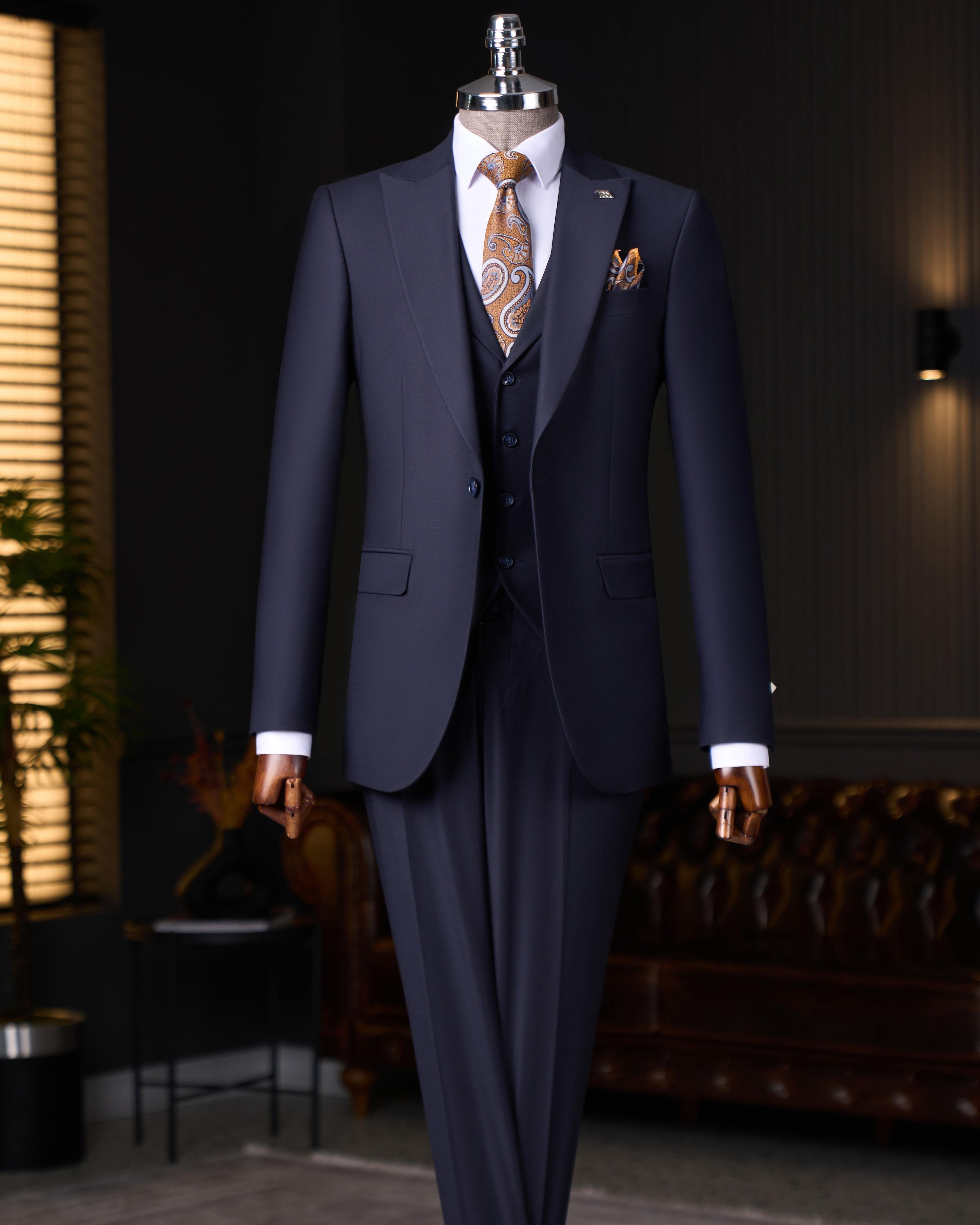 French Cuff Men's Carbon Blue Single Buttoned 3-Piece Suit