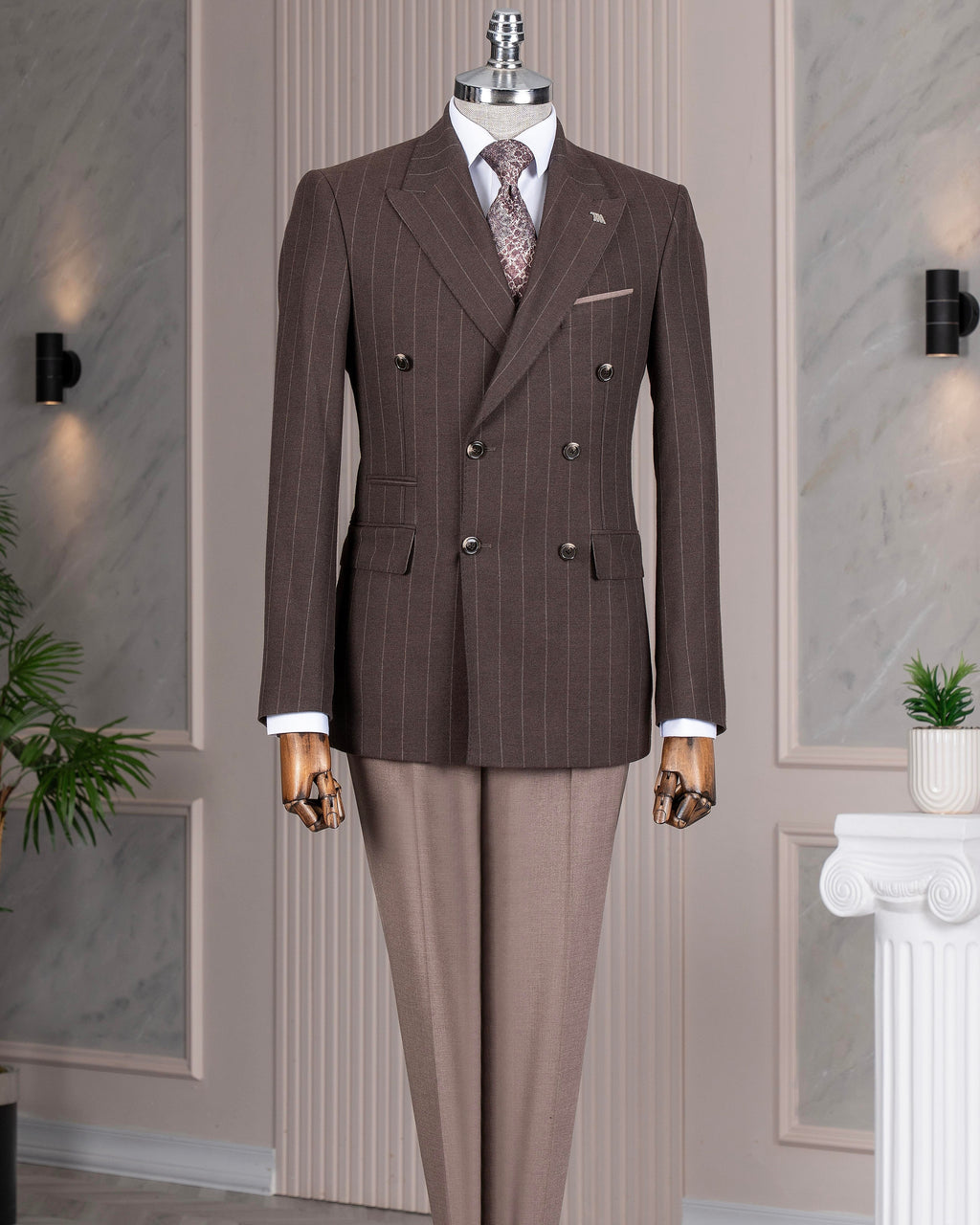 French Cuff Men's Brown Striped Double Breasted Blazer