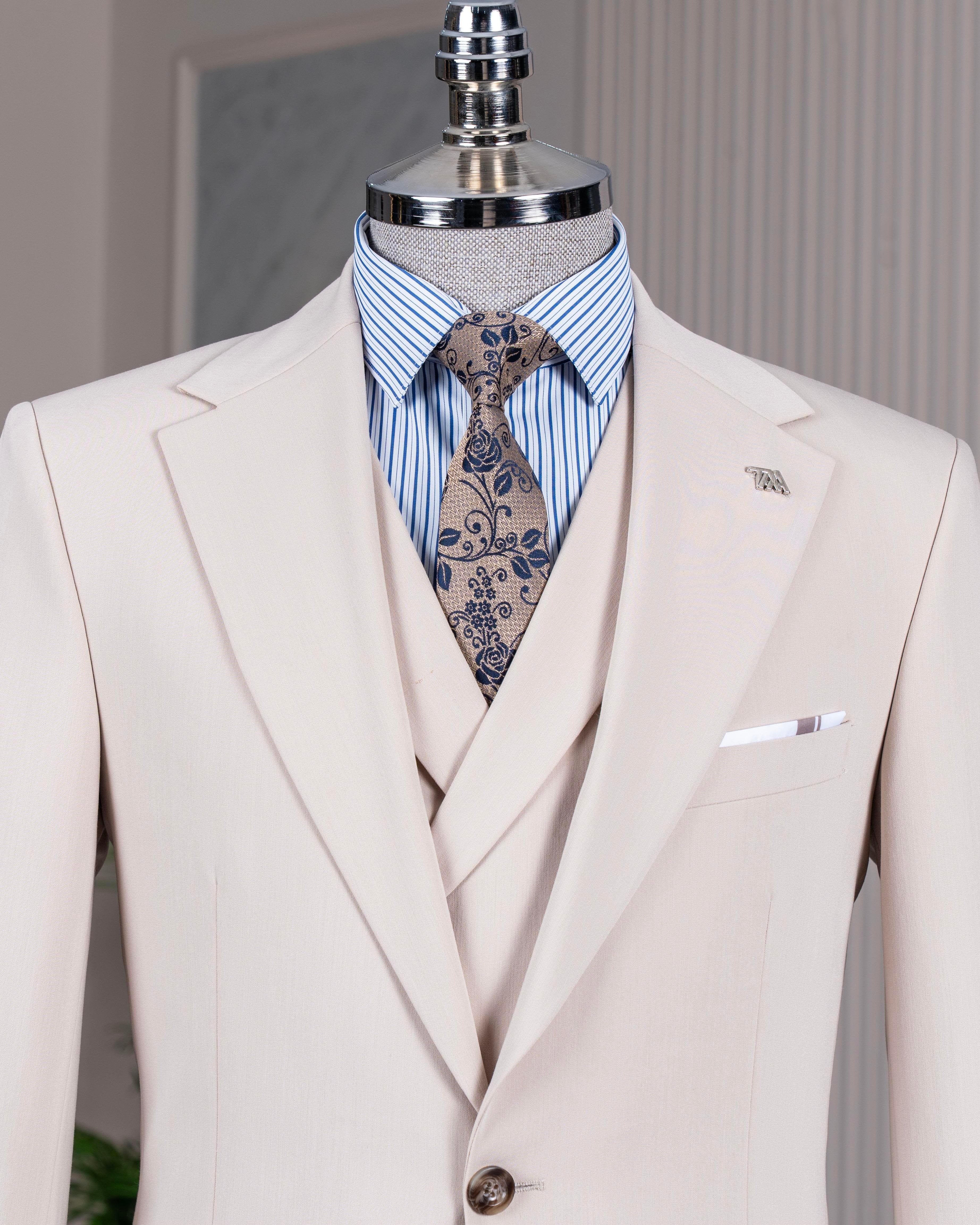 French Cuff Men's Beige Double Buttoned 3-Piece Suit