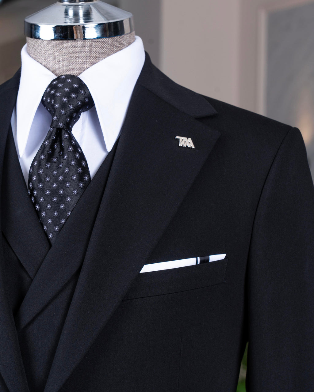 French Cuff Men's Navy Blue Double Buttoned 3-Piece Suit
