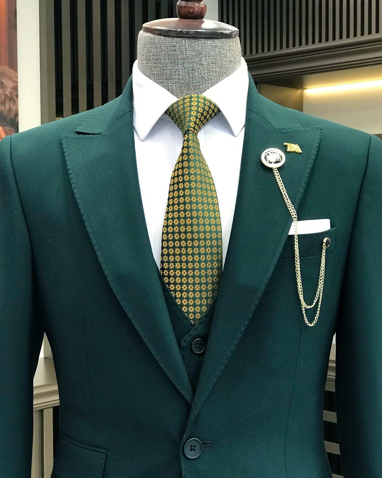 French Cuff Men's Bottle Green Single Buttoned 3-Piece Limited Edition Suit