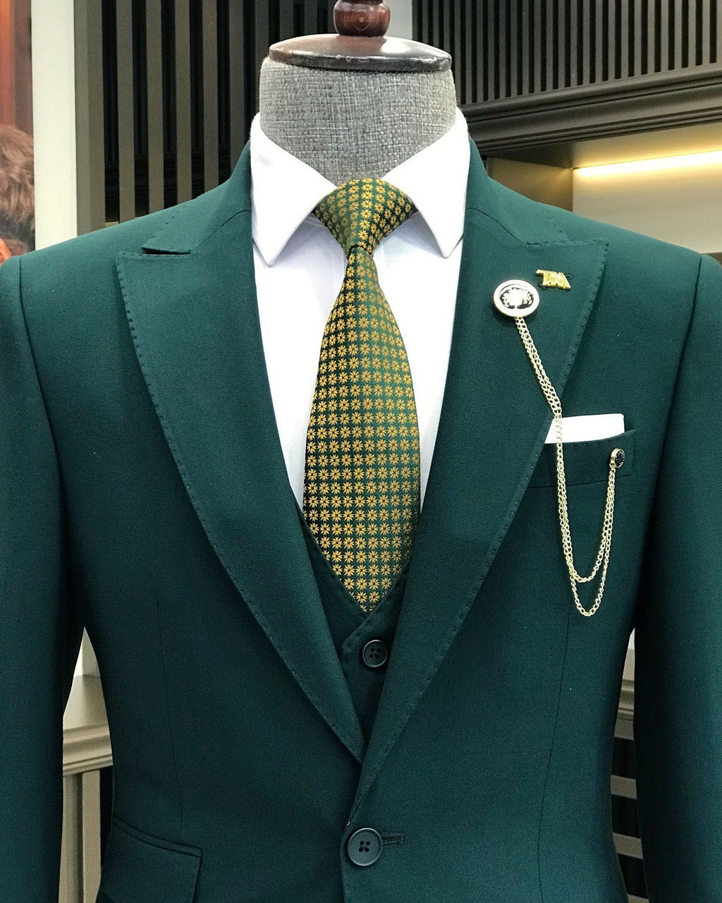French Cuff Men's Bottle Green Single Buttoned 3-Piece Suit