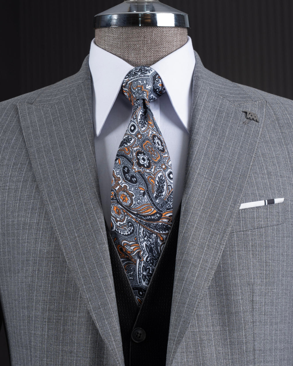 French Cuff Men's Grey Striped Double Buttoned 3-Piece Suit