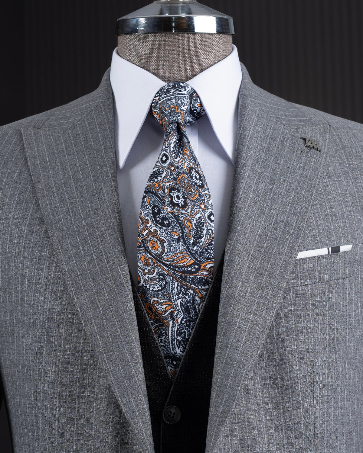 French Cuff Men's Grey Striped Double Buttoned 3-Piece Suit