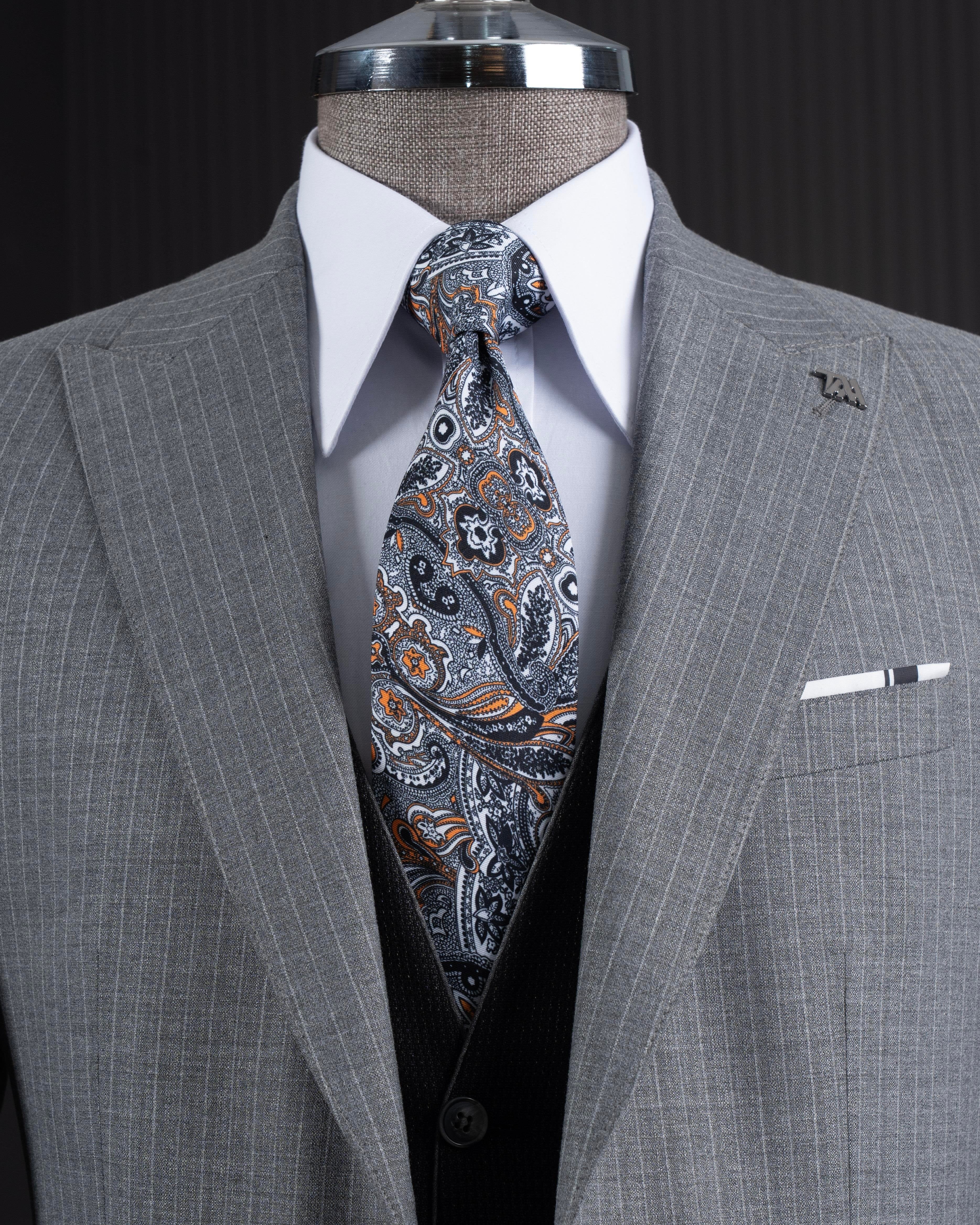 French Cuff Men's Grey Striped Double Buttoned 3-Piece Suit