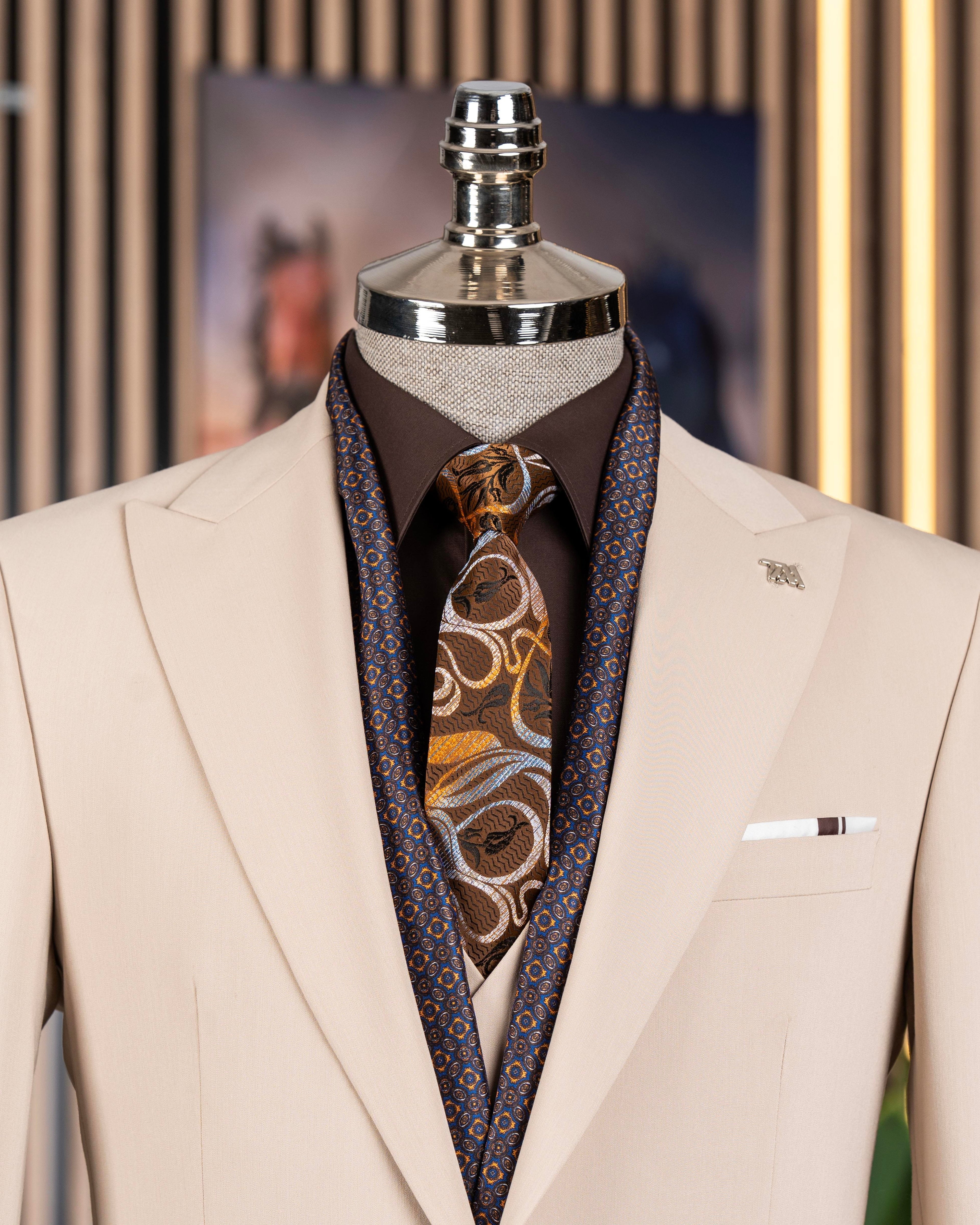 French Cuff Men's Beige Single Buttoned 3-Piece Suit