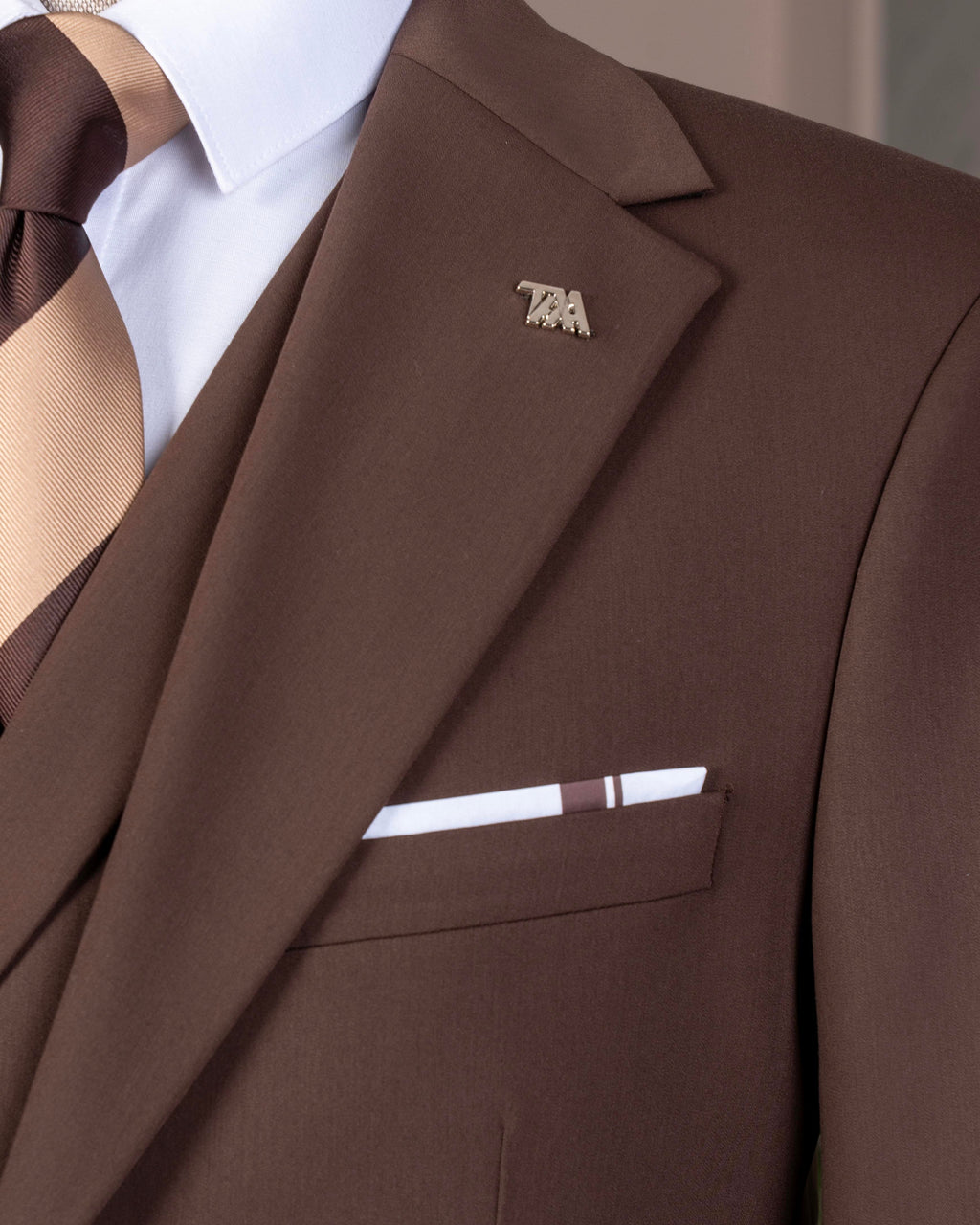 French Cuff Men's Brown Double Buttoned 3-Piece Suit