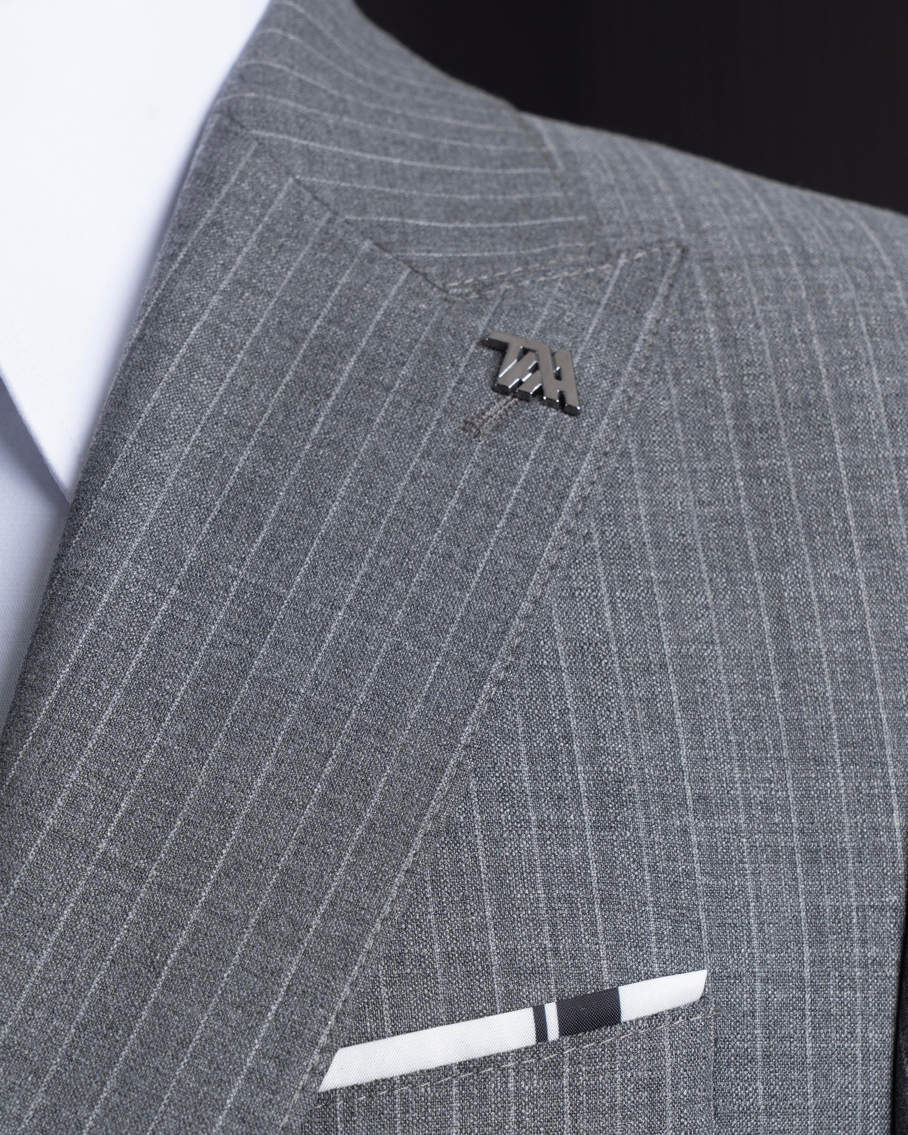 French Cuff Men's Grey Striped Double Buttoned 3-Piece Suit