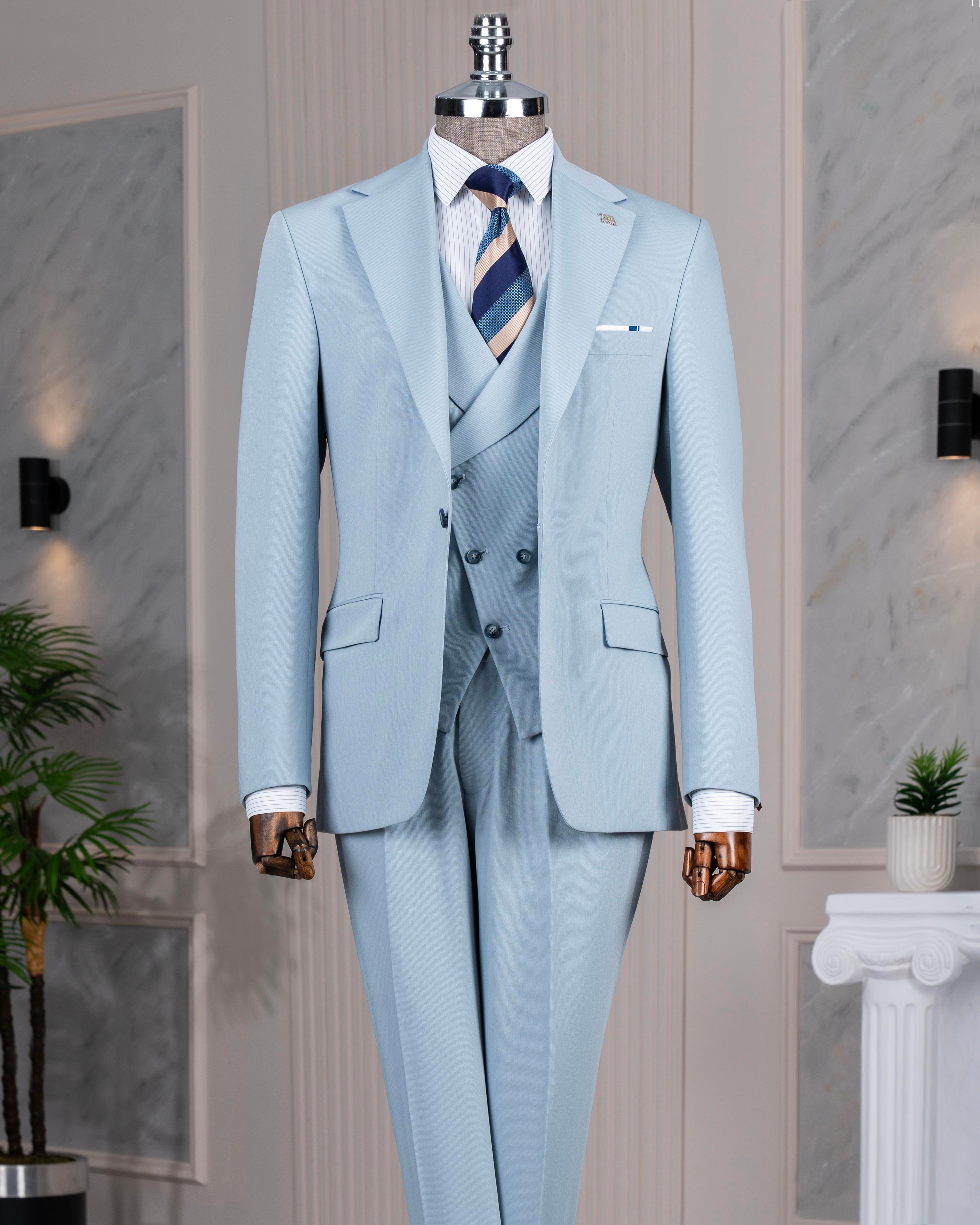 French Cuff Men's Sea Blue Single Buttoned 3-Piece Limited Edition Suit