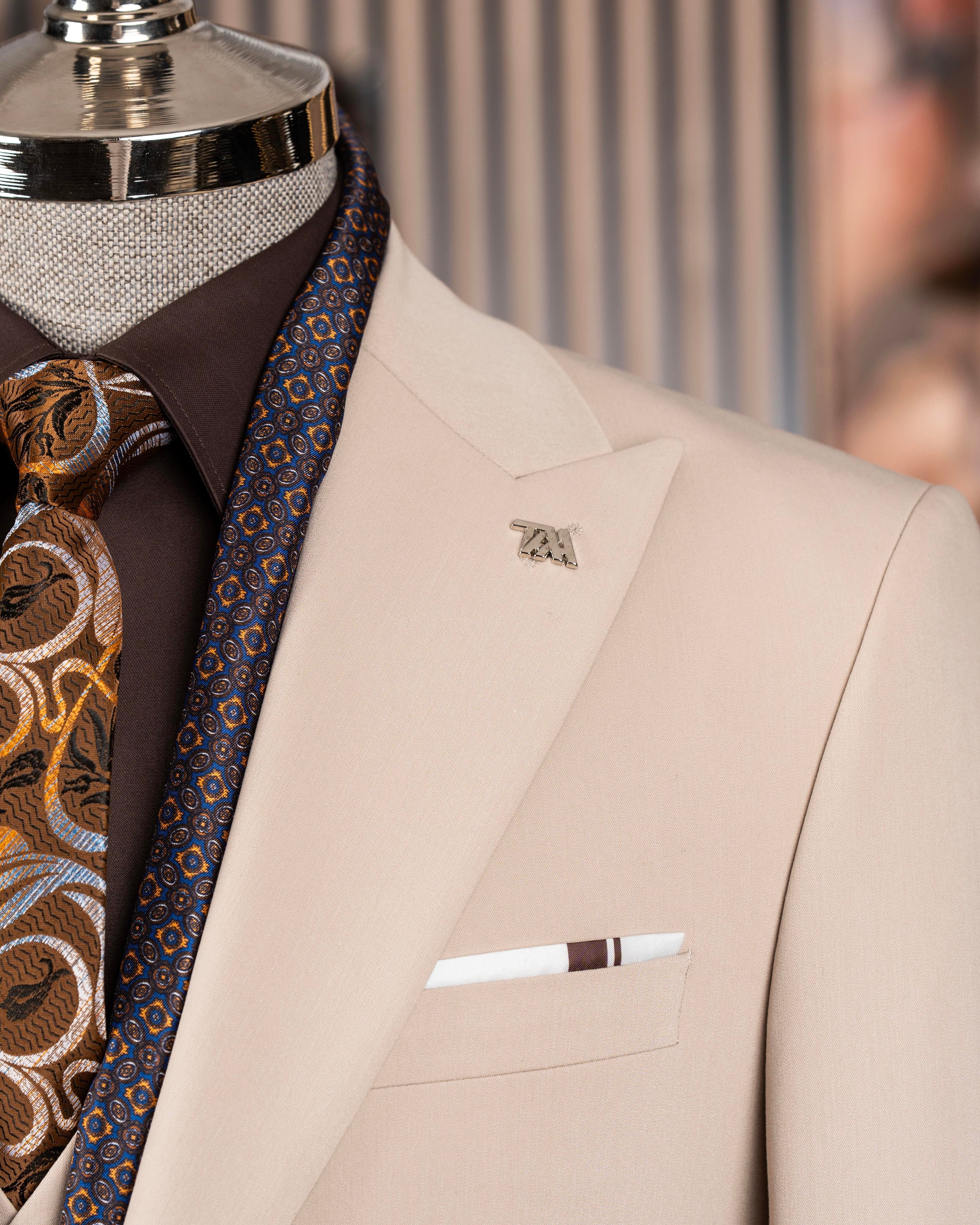 French Cuff Men's Beige Single Buttoned 3-Piece Suit