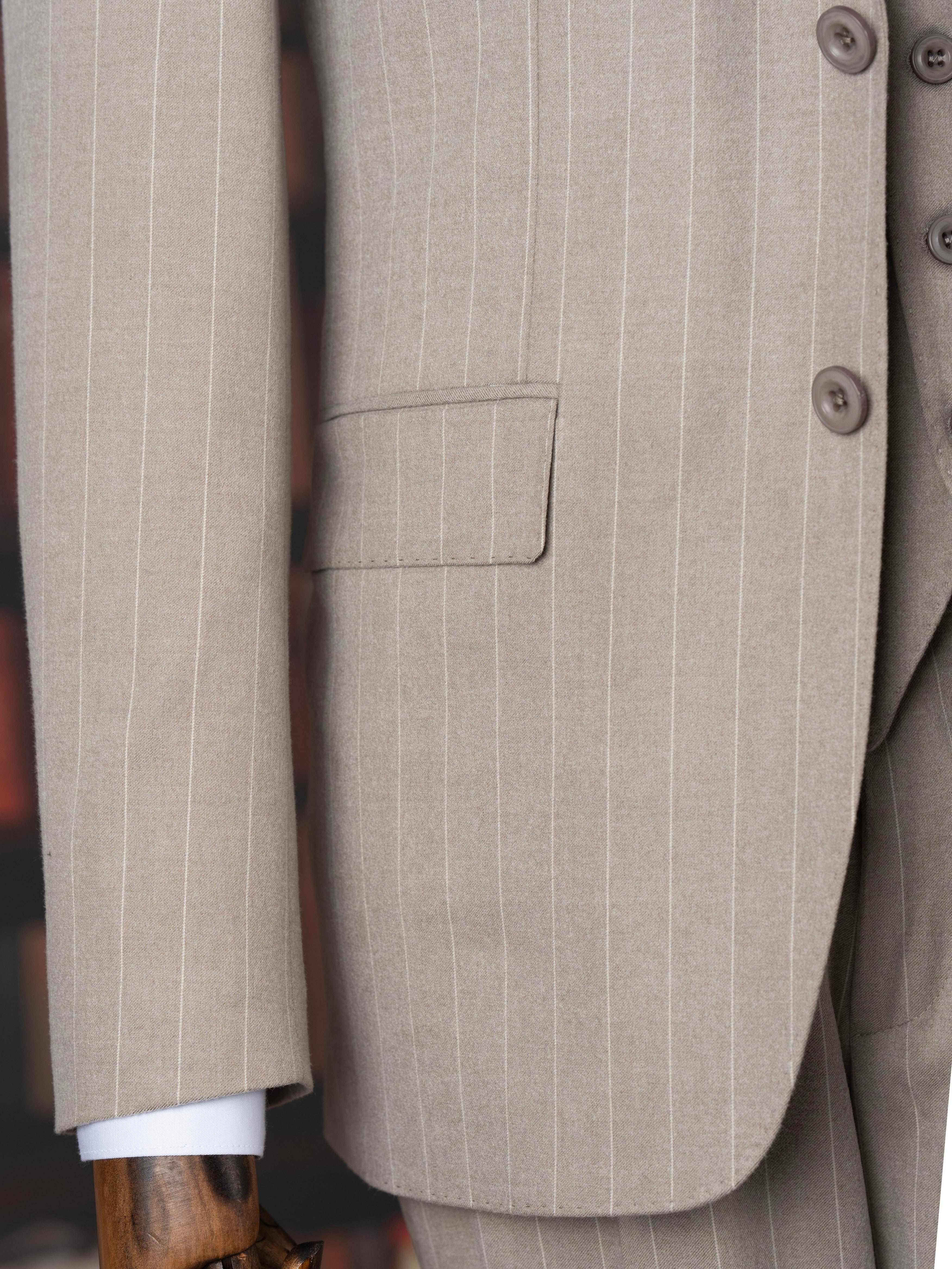 French Cuff Men's Beige Stripe Double Buttoned 3-Piece Suit