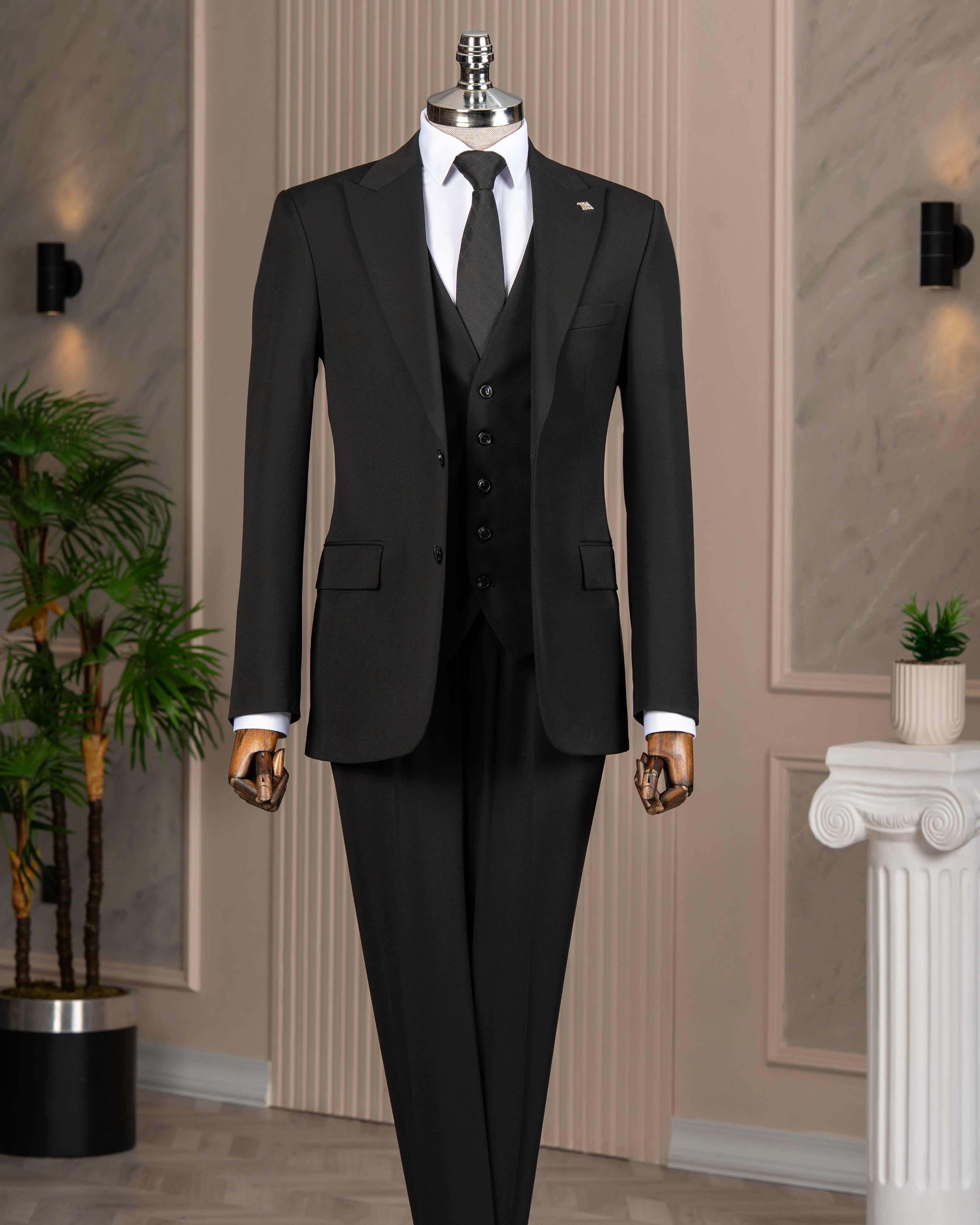 French Cuff Men's Black Double Buttoned 3-Piece Suit