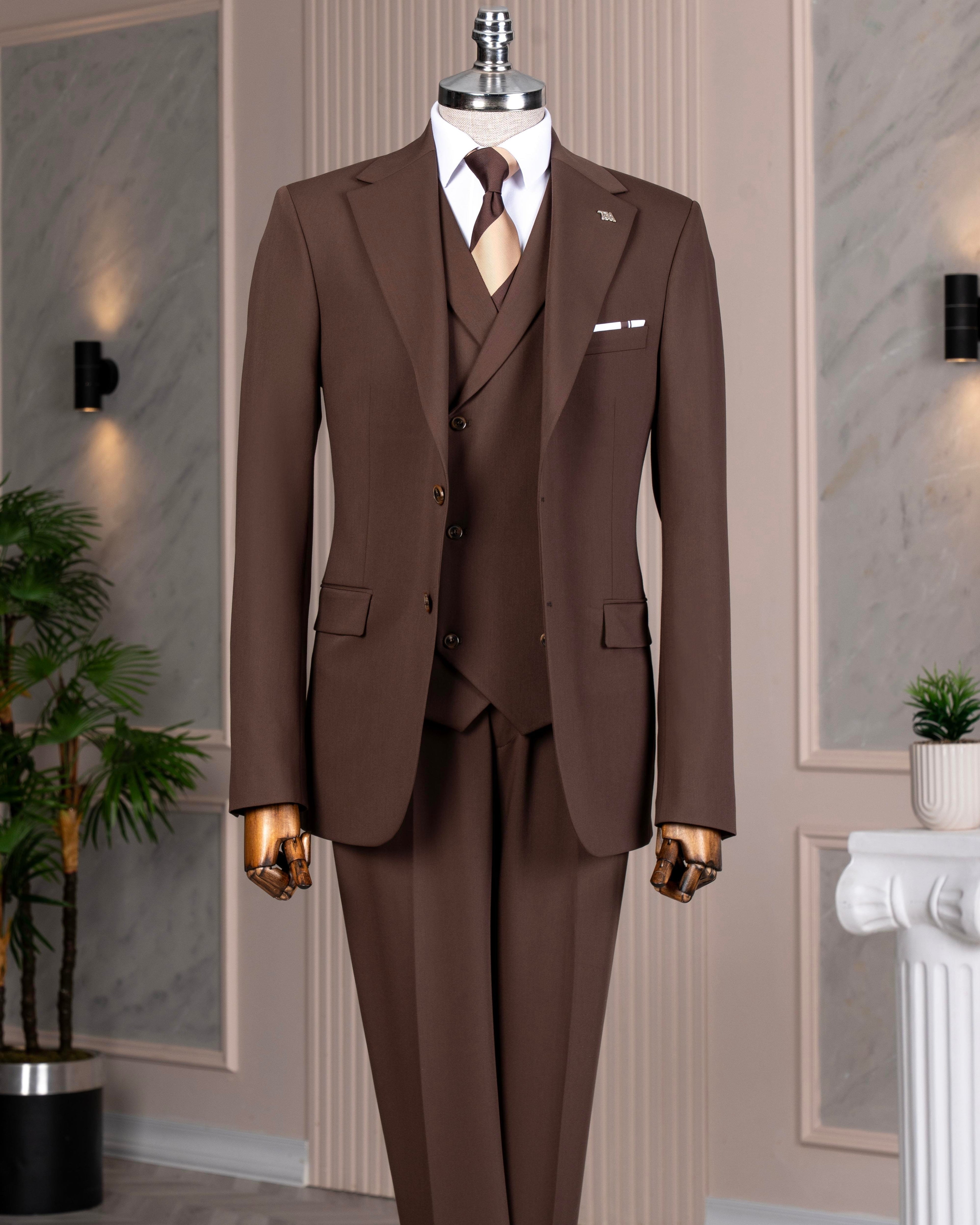 French Cuff Men's Brown Double Buttoned 3-Piece Suit