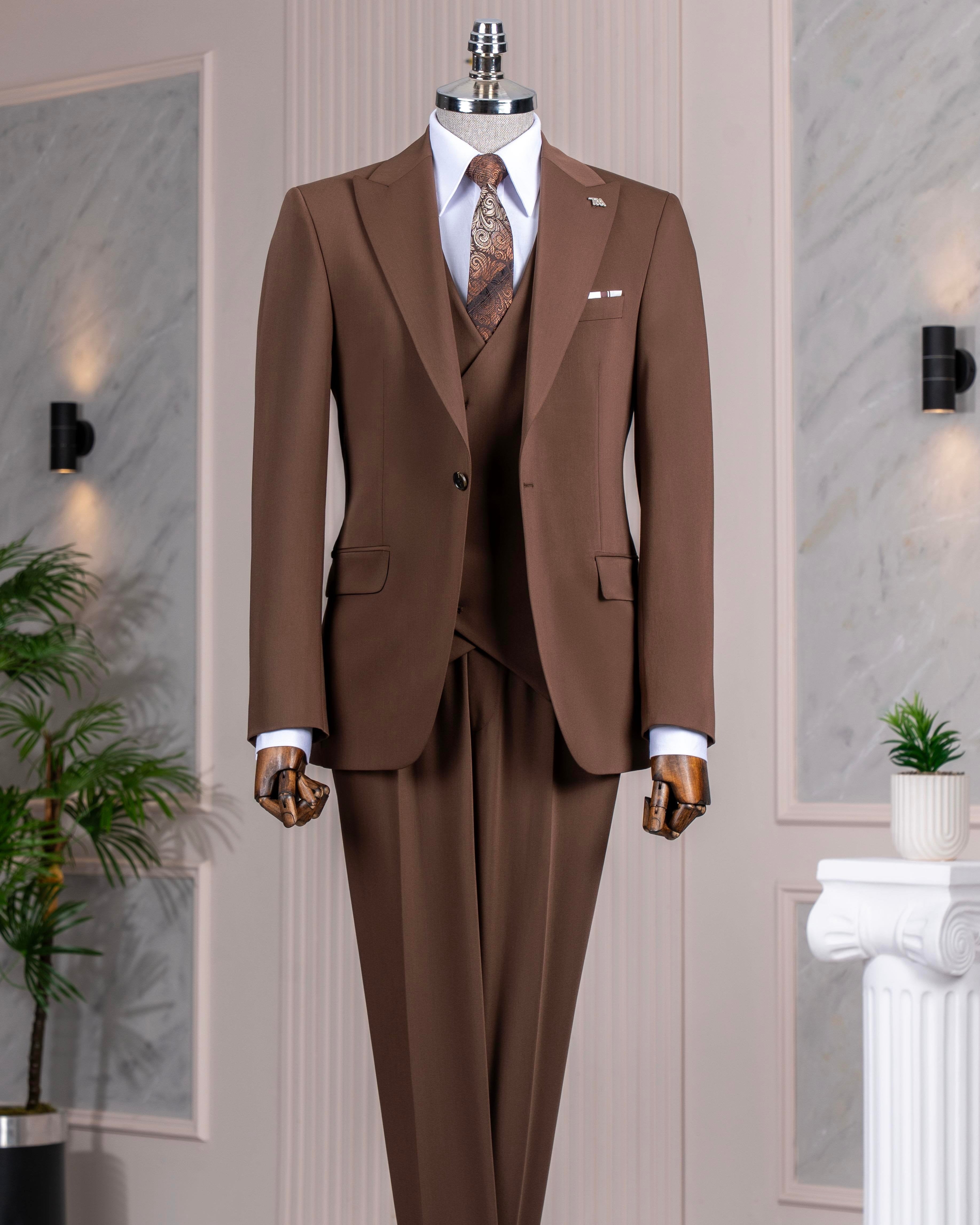 French Cuff Men's Light Brown Single Buttoned 3-Piece Suit