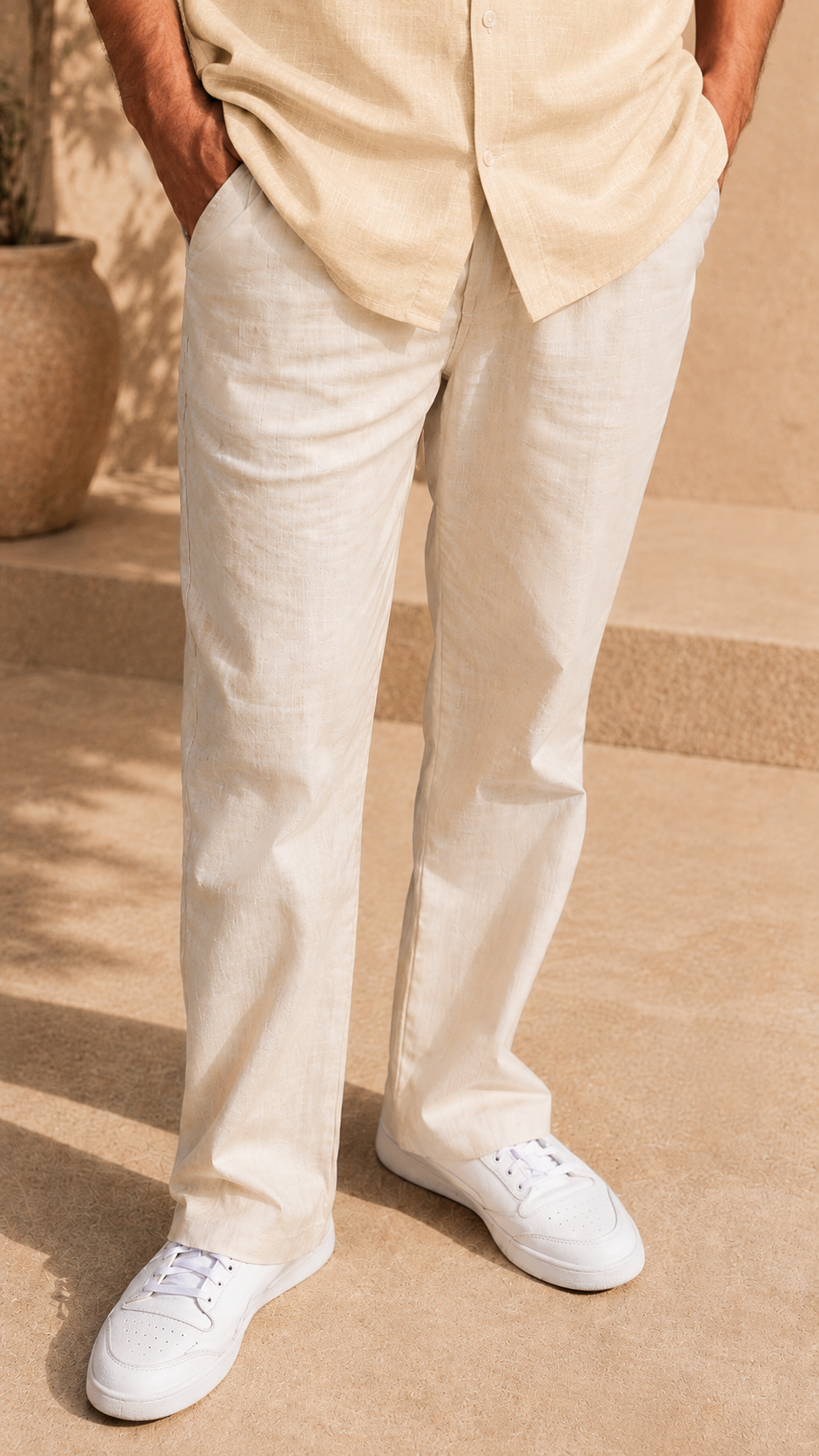 Half Sleeve Belgium Linen Pair For Men | Khaki Linen Shirt with Beige Linen Pant by frenchcuff