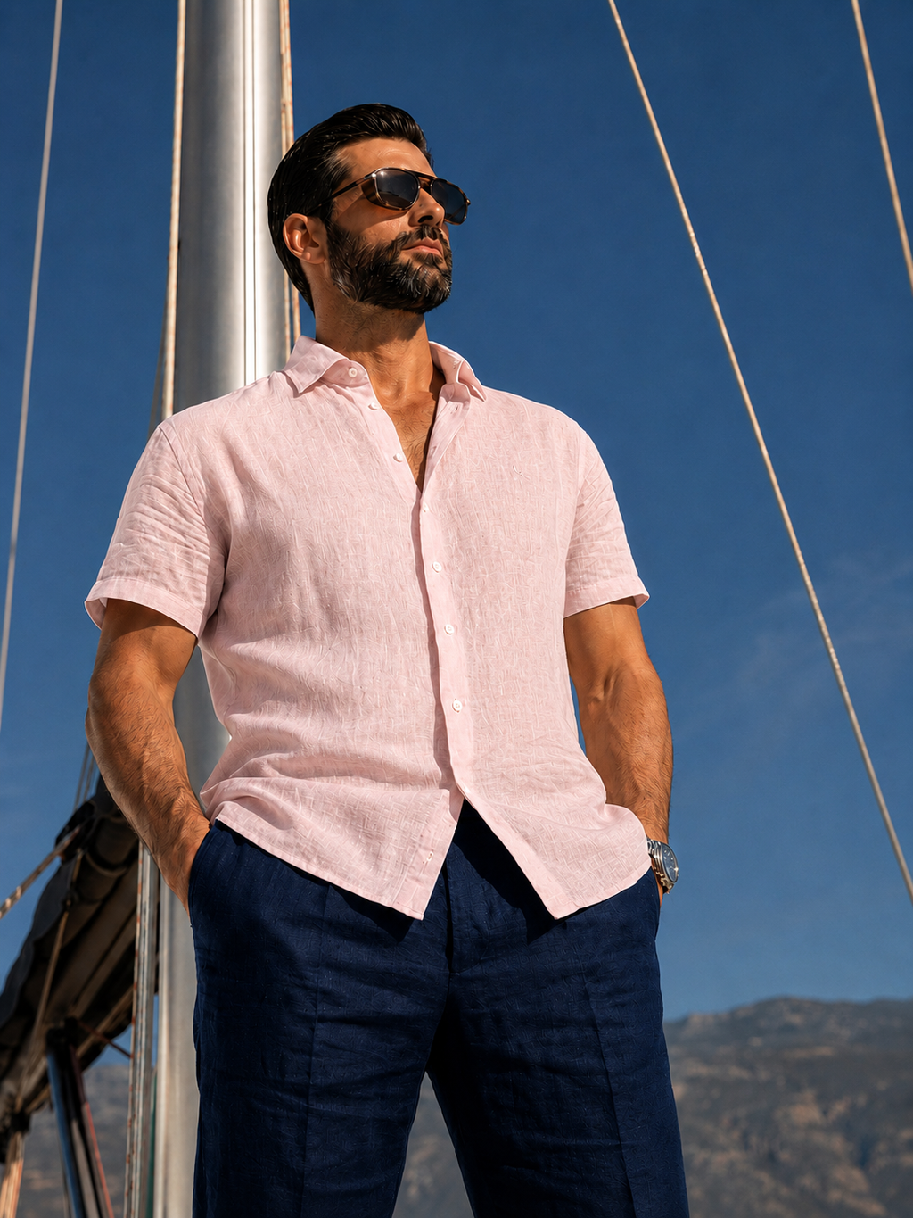 Half Sleeve Linen Pair For Men | Powder Pink Linen Shirt with Navy Linen Pant by french cuff