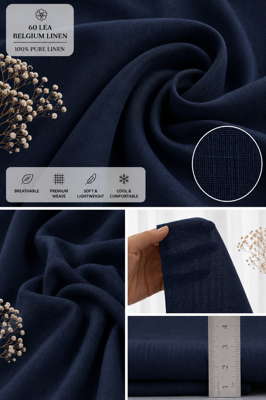 French Cuff 100% Belgium Linen Navy Fabric.