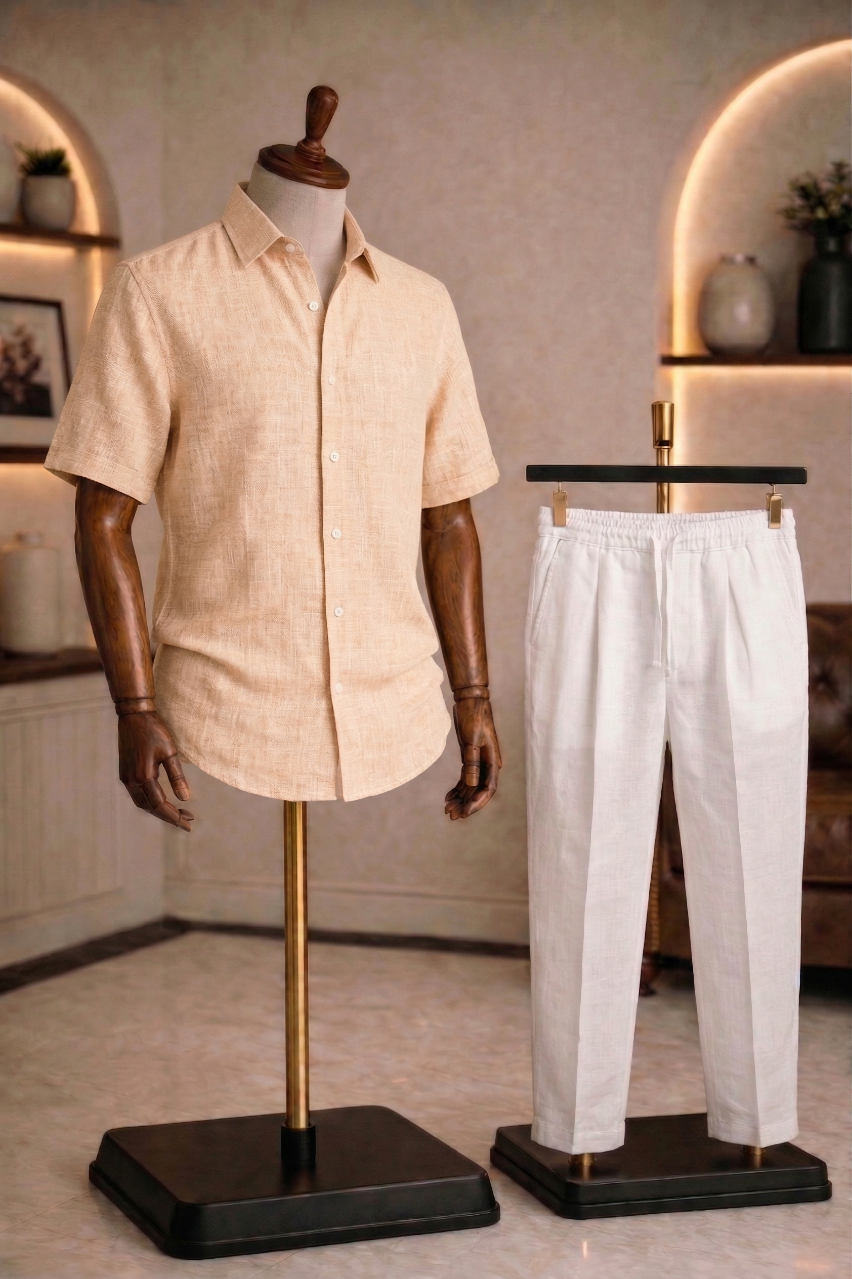 Half Sleeve Linen Pair For Men | Khaki Linen Shirt with White Linen Pant