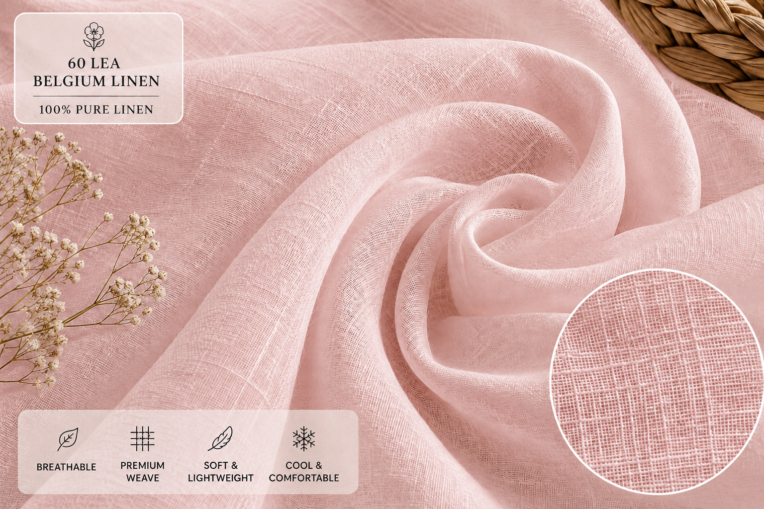 French Cuff 100% Belgium Linen Pink Fabric.