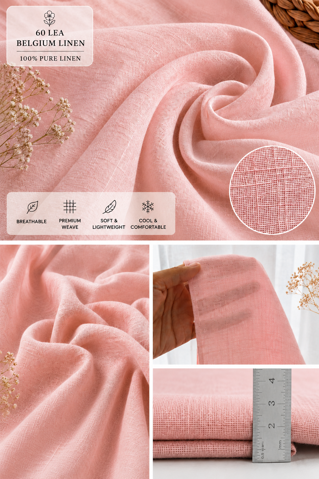 French Cuff 100% Belgium Linen Pink Fabric.