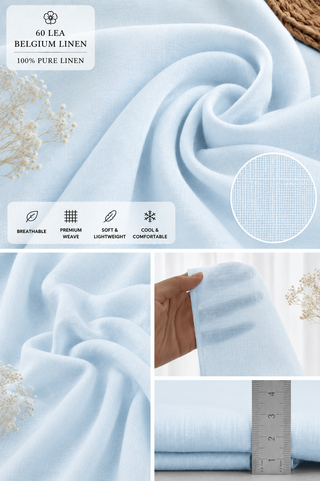 French Cuff 100% Belgium Linen Sky Blue Fabric