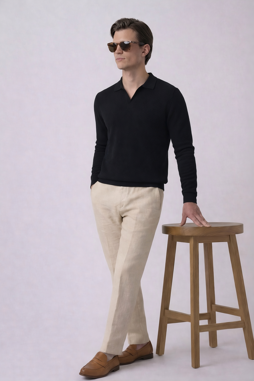 Black Textured Half Sleeves Knit Polo T-Shirt